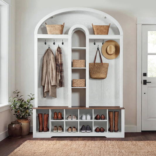 DWVO 59" W Hall Tree with Shoe Storage, Arched Entryway Bench with Coat Rack, 10 Shoe Cubbies Shelves & 10 Coat Hooks, Shoe Storage Bench for Entryway Hallway,White