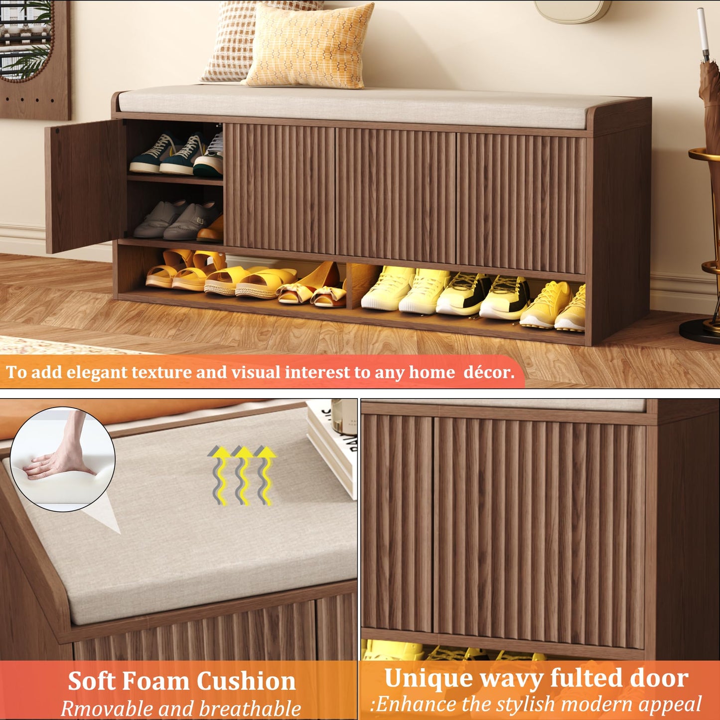 HOMEFORT 47.2" Fluted Shoe Storage Bench, Entryway Bench with Linen Seat Cushion, Shoe Cabinet Bench with Adjustable Shelf and Built-in LED Sensor Light, Bench for Bedroom End of Bed, Walnut