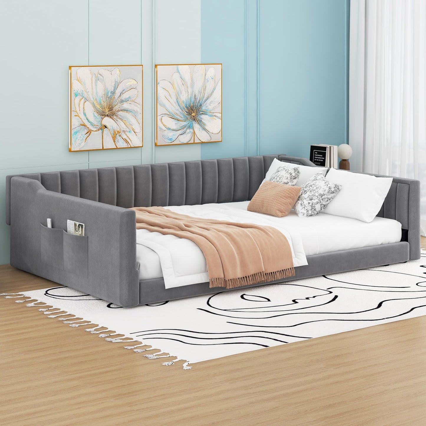 Ball & Cast Full XL Size Daybed, Upholstery Day Bed Frame with Channel Tufted Backrest and Armrest, Floor Bed with Side Pockets,Solid Wood Slat Support, No Box Spring Needed,Gray