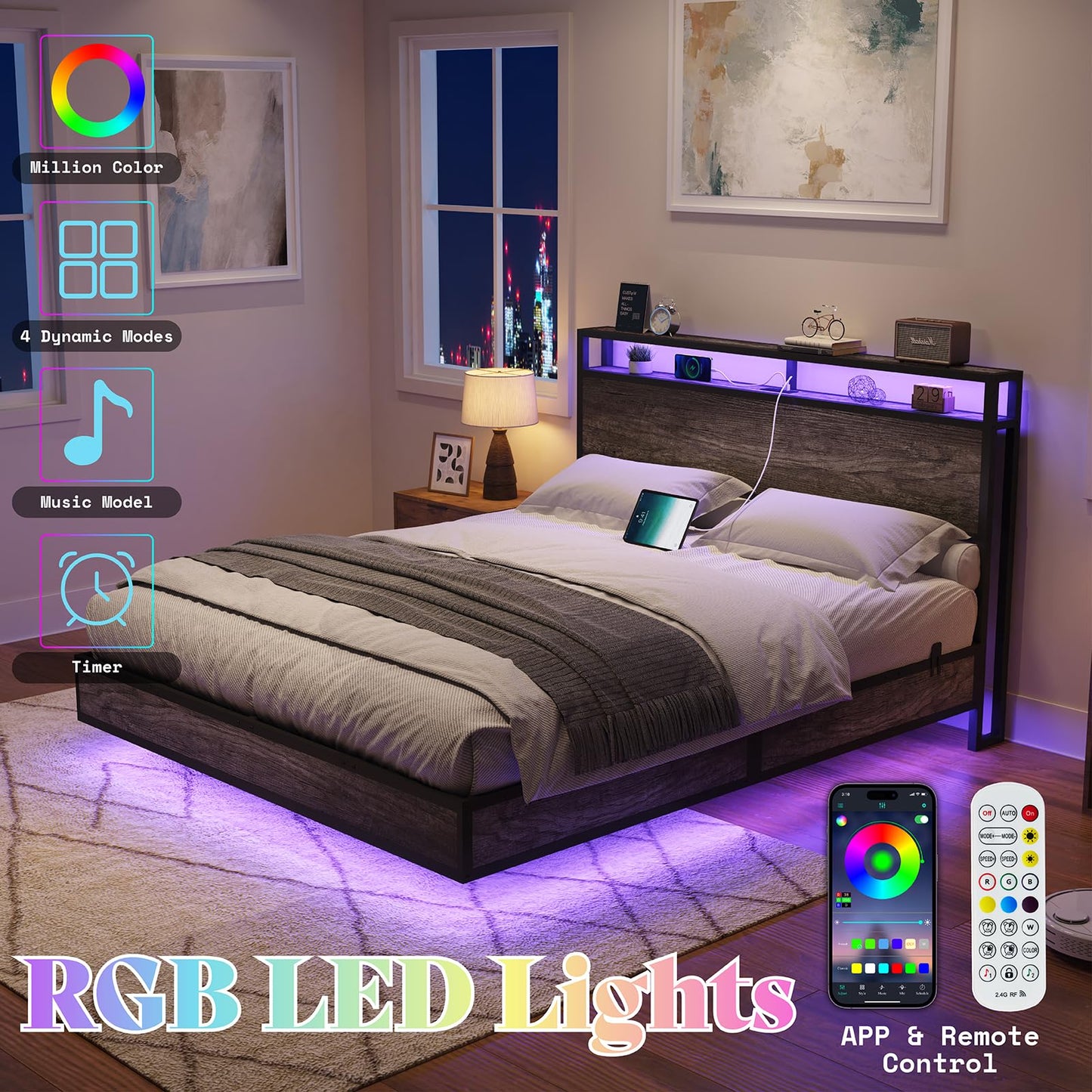 AMERLIFE Full Size Floating Bed Frame with 2-Tier Storage Headboard, Metal Bed Frame with Charging Station & LED Lights, No Box Spring Needed, Rustic Grey