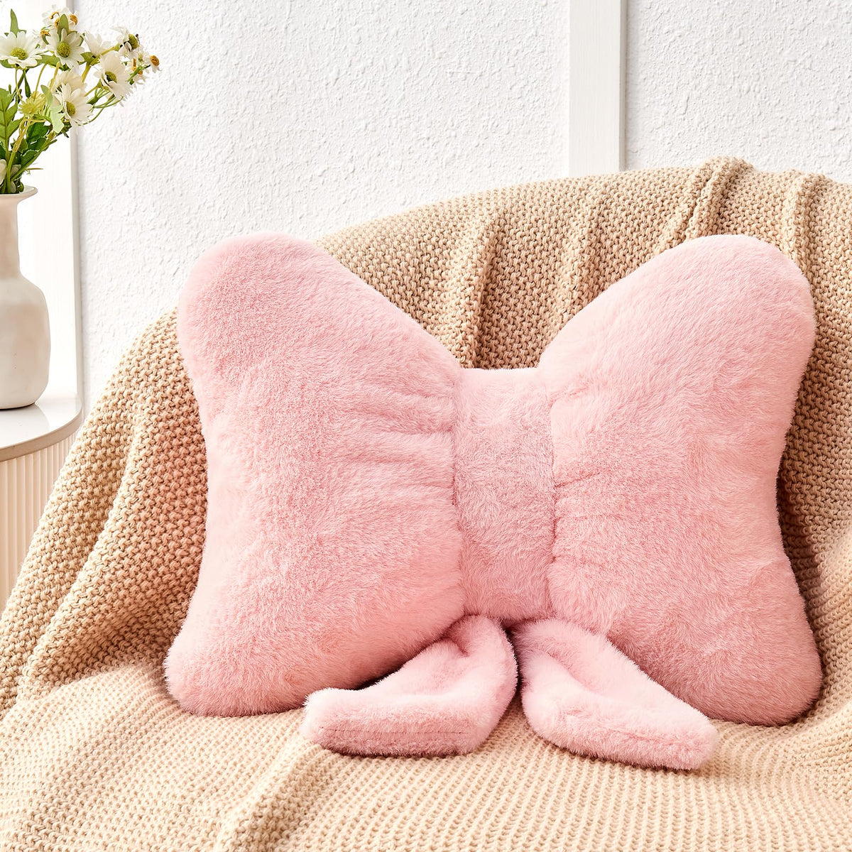 Mepherl Pink Bow Pillow, 12 x 9 in Bow Shaped Throw Pillow with Faux Rabbit Fur, Soft Decorative Accent Pillow for Bed, Couch, Sofa, Coquette Aesthetic Room Decor