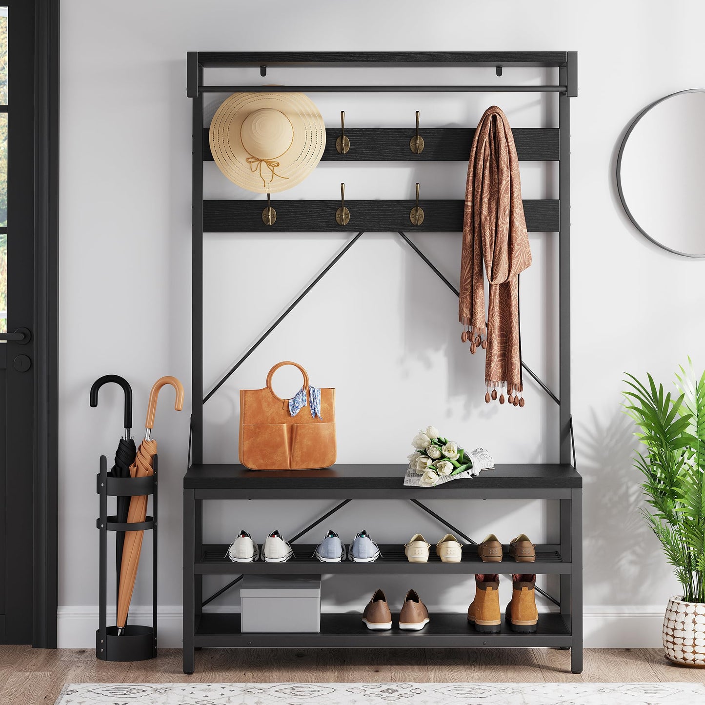 IDEALHOUSE Industrial Hall Tree with Bench and Shoe Storage, 3-in-1 Entryway Mudroom Organizer with 8 Coat Hooks, Heavy Duty Standing Clothes Rack for Hallway, Black