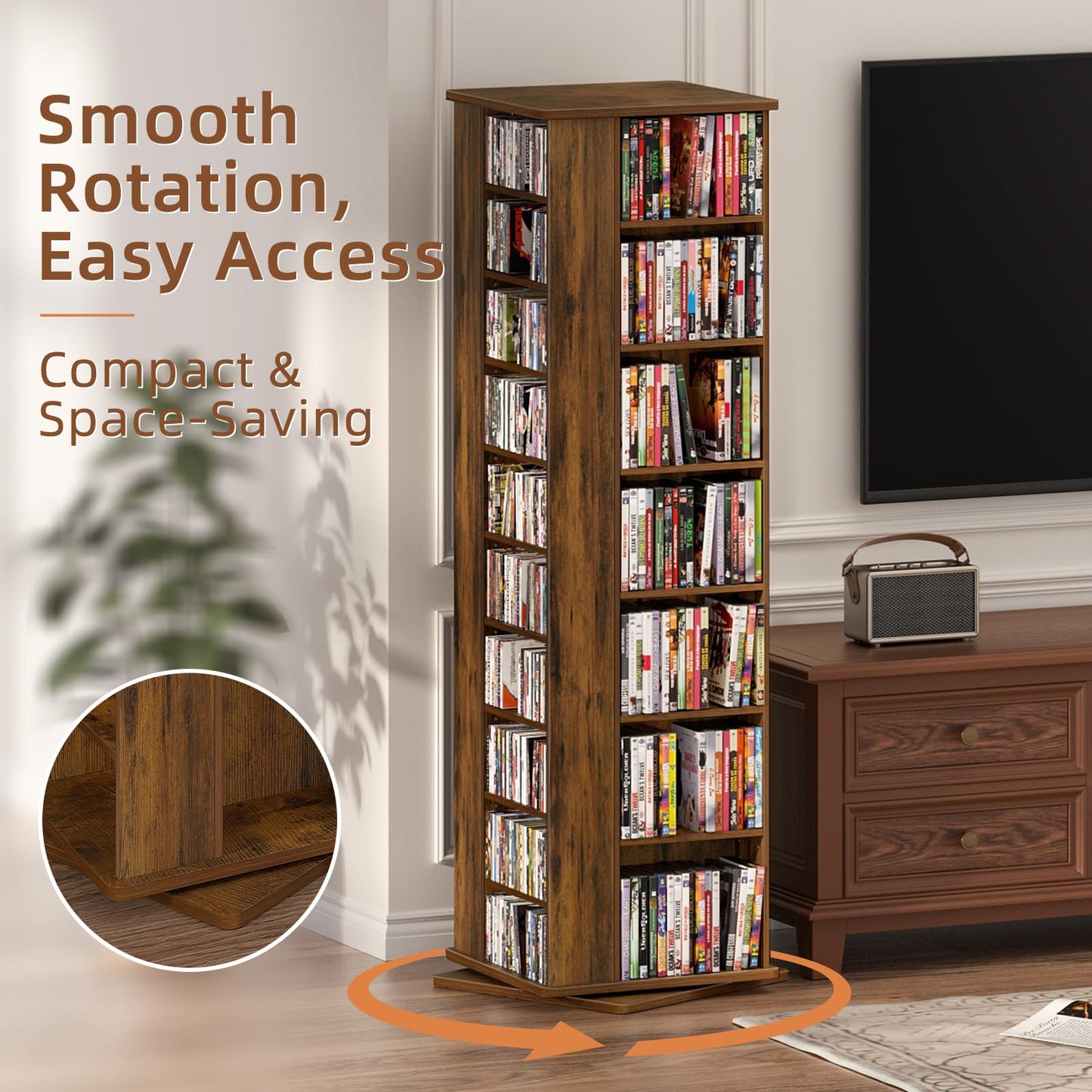 LELELINKY DVD Storage Shelf,Rotating DVD Rack w/Adjustable Shelves, Brown