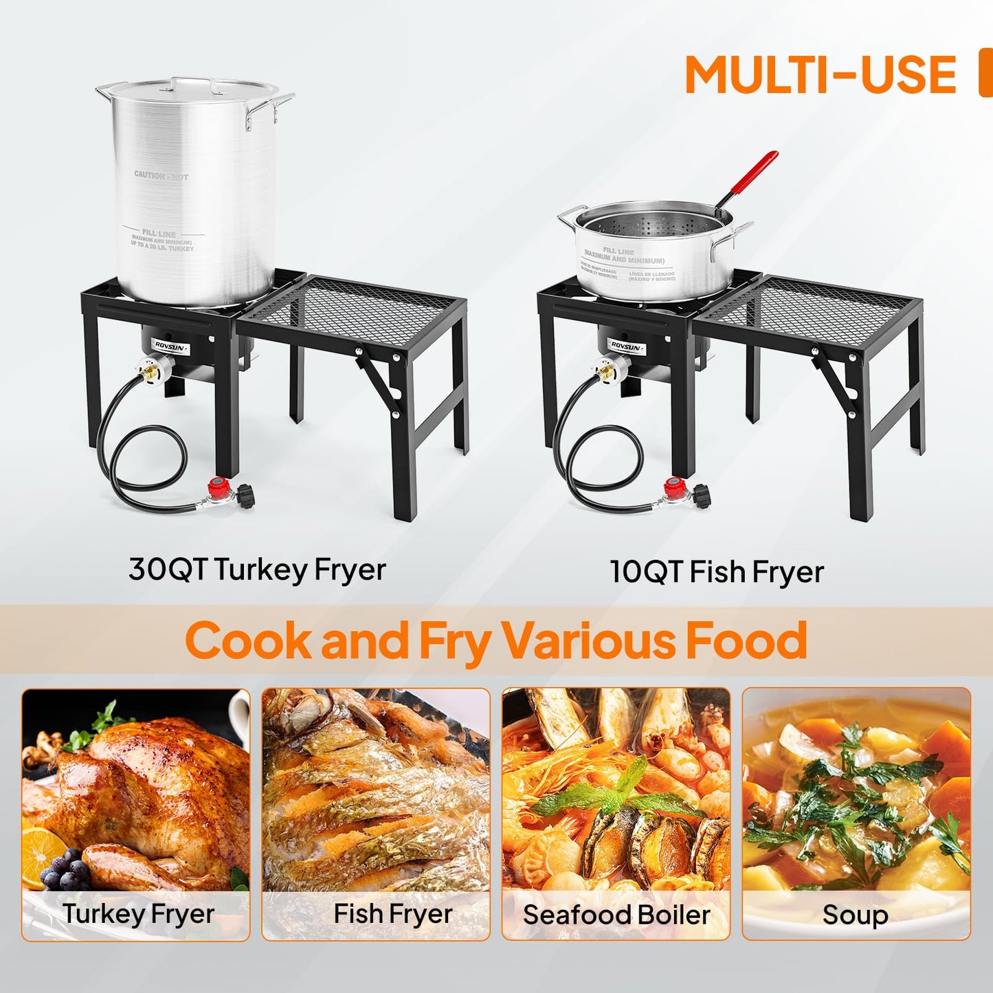 ROVSUN 30QT Turkey Fryer & 10QT Fish Fryer Kit w/ 55,000BTU Propane Stove, Aluminum Outdoor Deep Fryer & Seafood Boiler Steamer w/Baskets, Thermometer, Marinade Injector, Turkey Rack & Rack Lifter