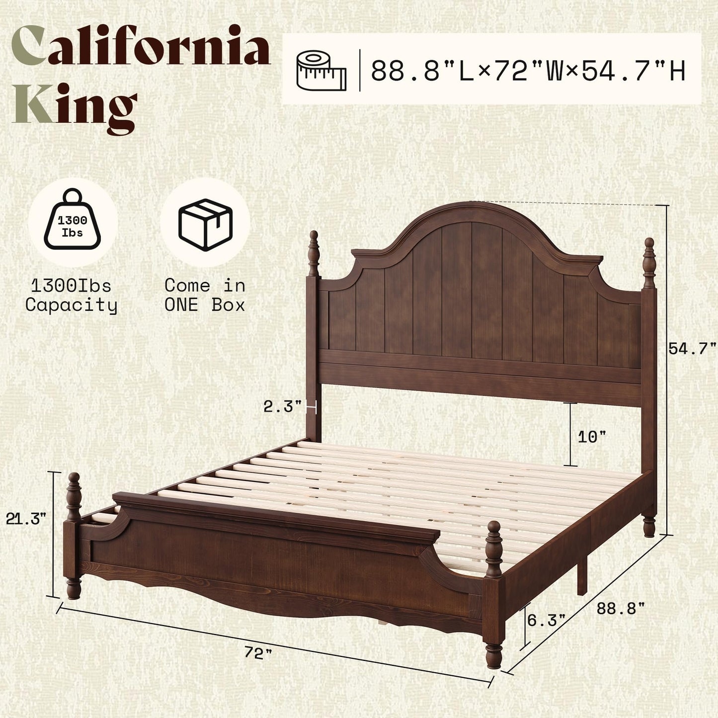 AMERLIFE Solid Wood California King Bed Frame, Traditional Poster Platform Bed with 55" Tall Arched Headboard, Wood Slat Support, No Box Spring Required, Dark Walnut