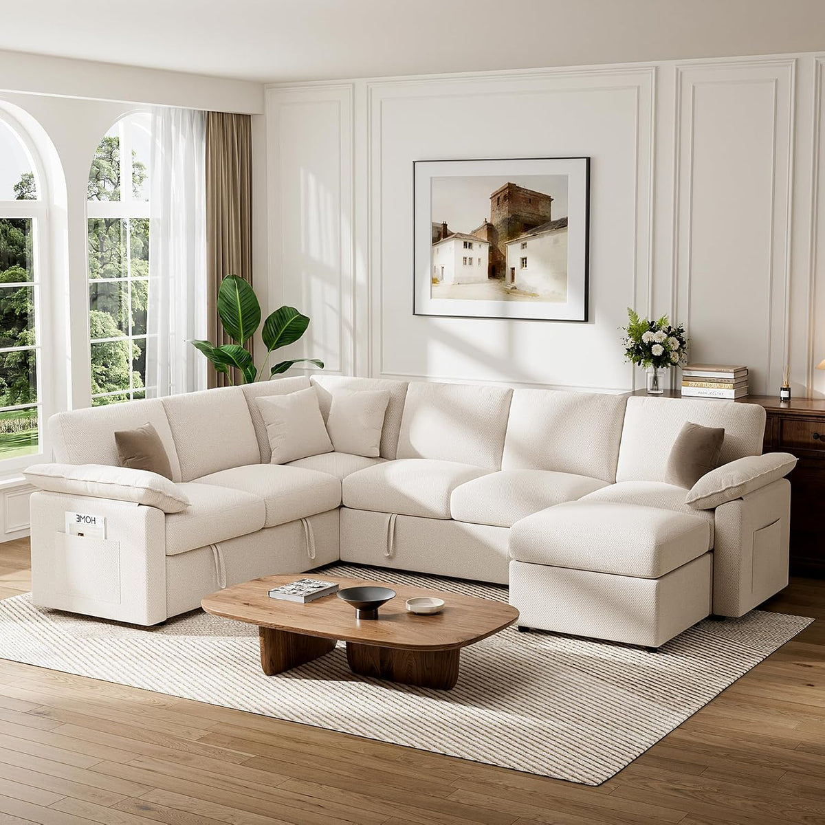 L  Sleeper Sofa 109" Modular Sectional Sofa with Pull Out Bed, Beige