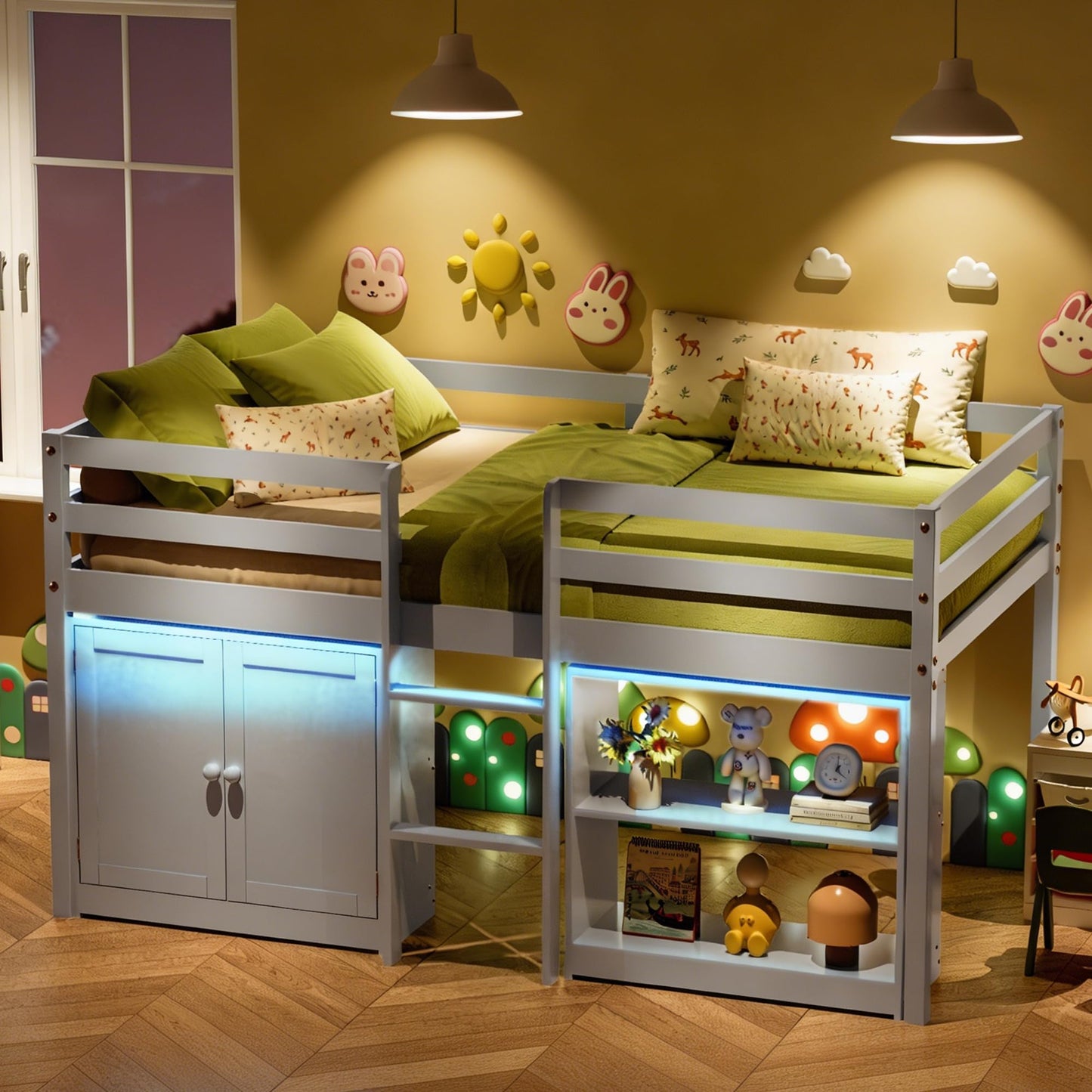 TOLEAD Wood Low Loft Bed Twin Size with Storage Cabinet, Shelf and LED Lights, Wooden Kids Loft Bed with 14" H Safety Guardrail, Ladder and Under-Bed Play Space, Grey