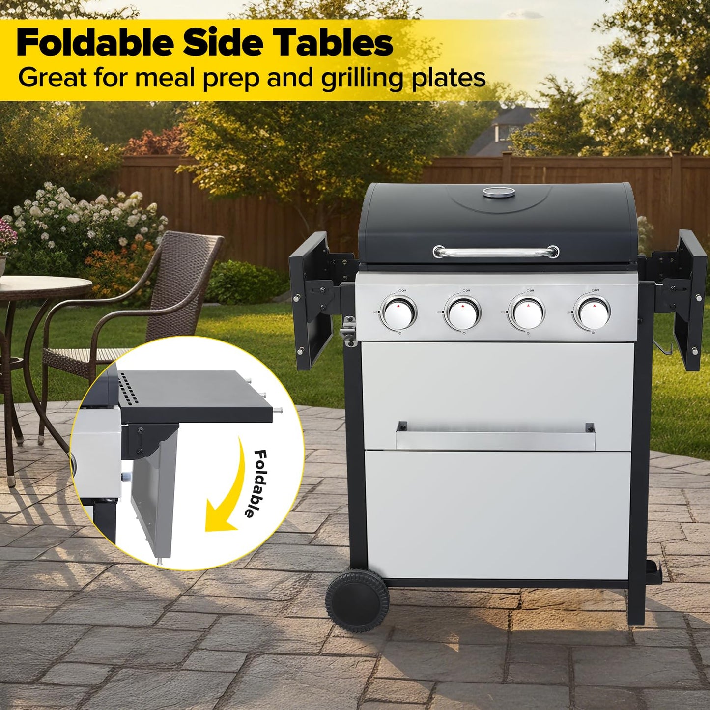 IdeaMaxx 4 Burner Gas Grill with Foldable Shelves, 40,000 BTU Stainless Steel Propane BBQ Grill, 387 Sq. In. Cooking Space, Portable Outdoor Grill for Patio, Backyard, Camping & Tailgating