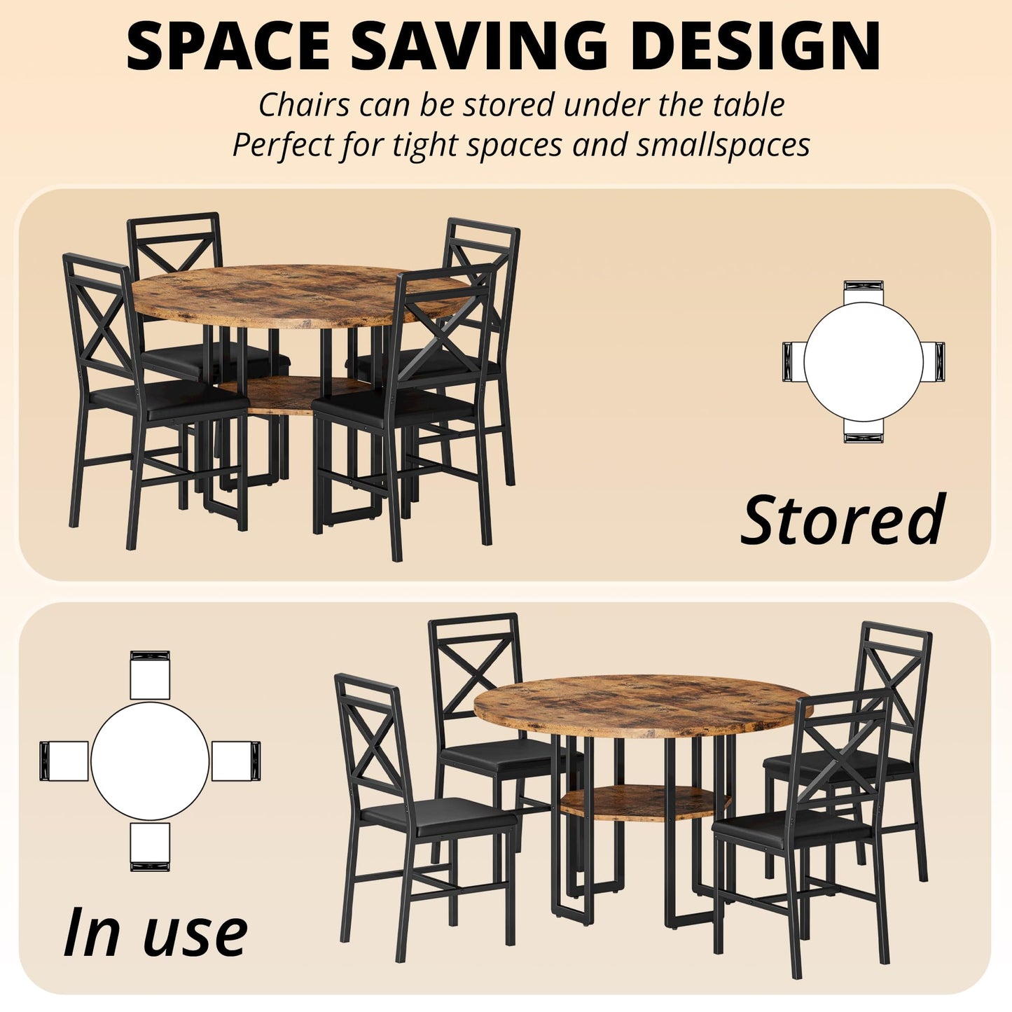 IRONCK Dining Table Set for 4, Round Dining Table and Chairs, Kitchen Table and Chairs for 4, 47 inch Cirecle Dining Room Table with 4 Chairs for Small Space