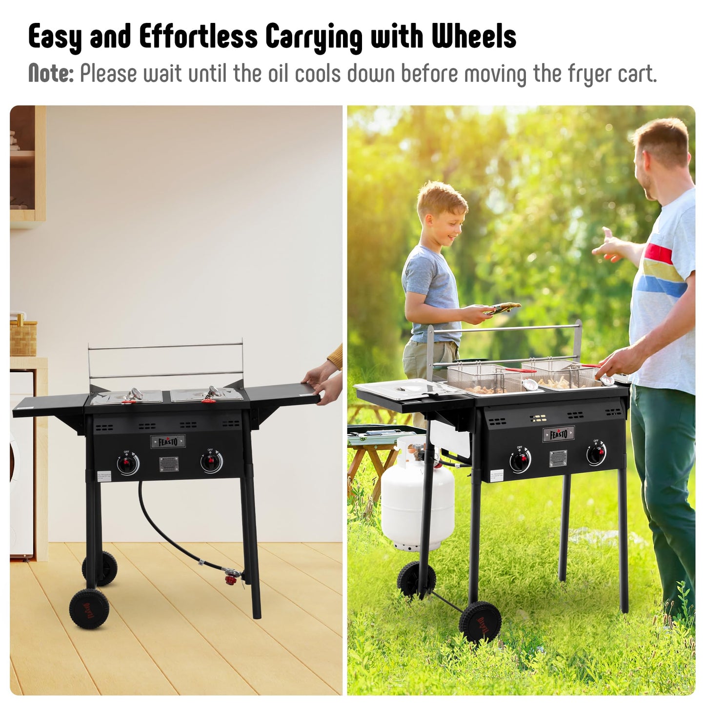 Feasto Outdoor Propane Deep Fryer, Dual Tank with Dual Independent Cast Iron Burners and Thermometers, Removable Fryer Pot, Baskets & Lids, Movable Propane Fryer Cart with Regulathor, 50000 BTU