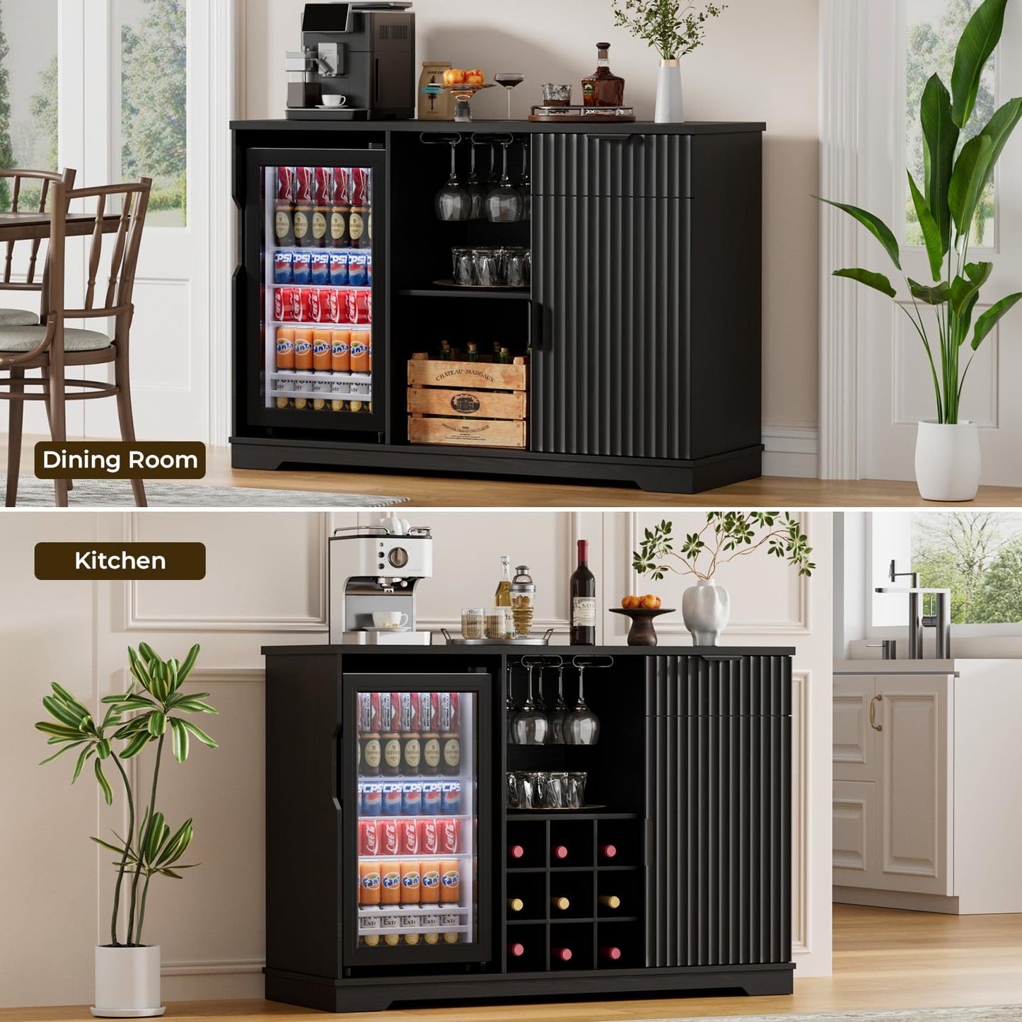 Aauro Home Coffee Bar Cabinet with Fridge (Fridge Included), Fluted Wine Bar Cabinet with Wine Rack and Glass Holder, Buffet Sideboard Table Liquor Cabinet with Drawer & Storage, Home Bar, Black