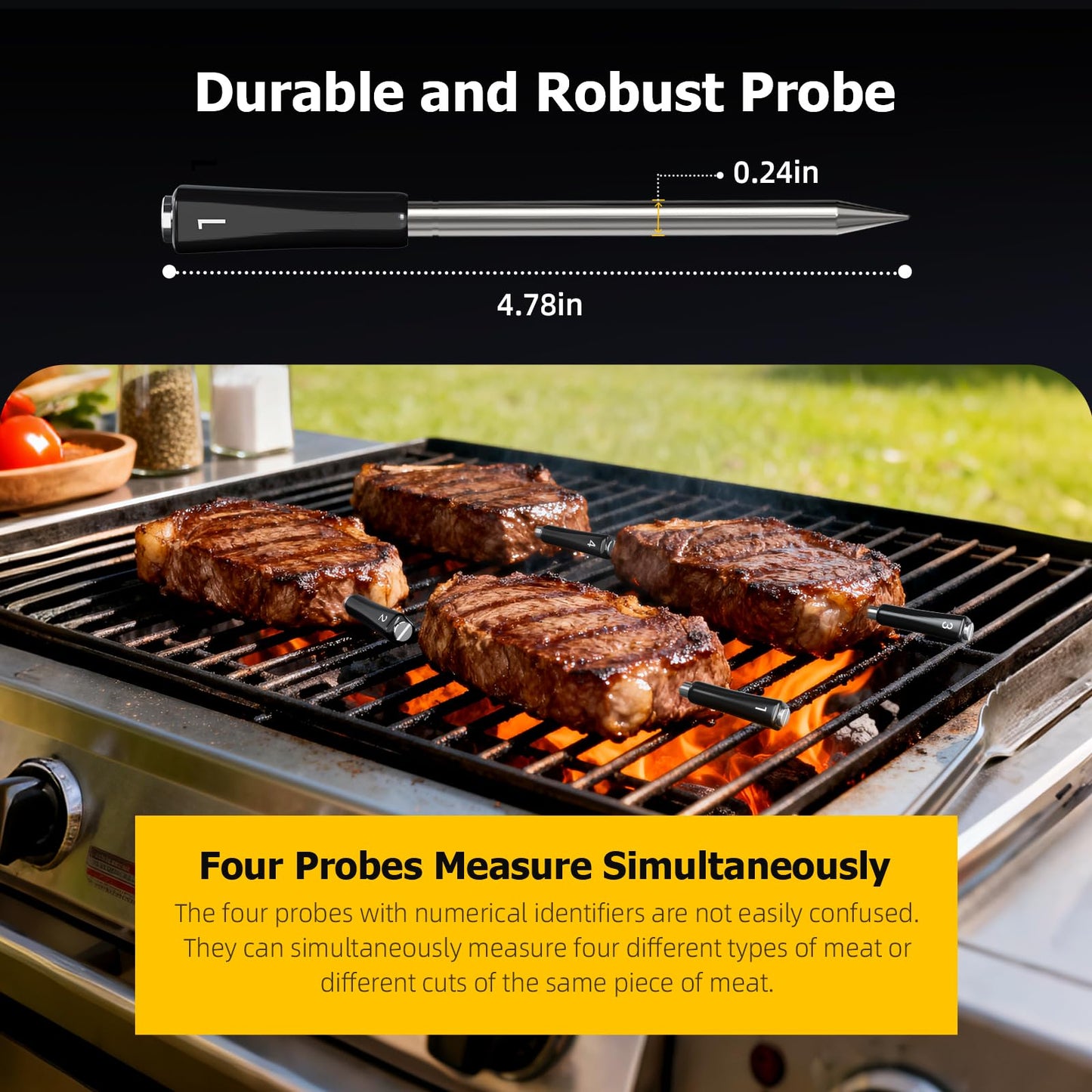 InkGrill Wireless Meat Thermometer with APP Control，4 Probes Meat Thermometer Digital, Unlimited Range WiFi & Bluetooth Meat Thermometerfor for Rotisserie, Grill, Oven, Smoker, BBQ, Air Fryer