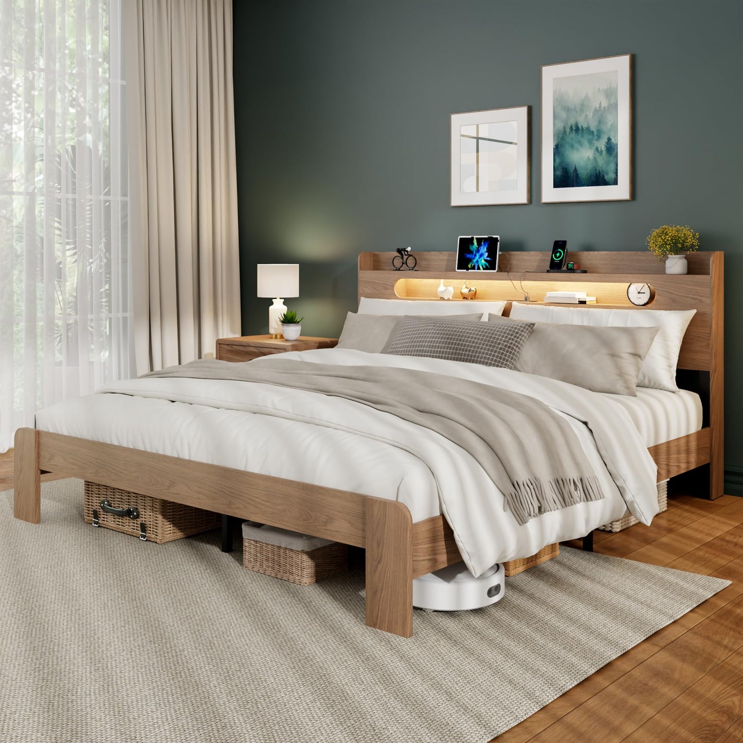 King Size Wood Bed Frame with Storage Headboard, Charging Station & RGB LED Lights, Platform Bed Frame with 2-Tier Shelf, Heavy Duty Wooden Slats Support, No Box Spring Needed, Easy Assembly, Walnut