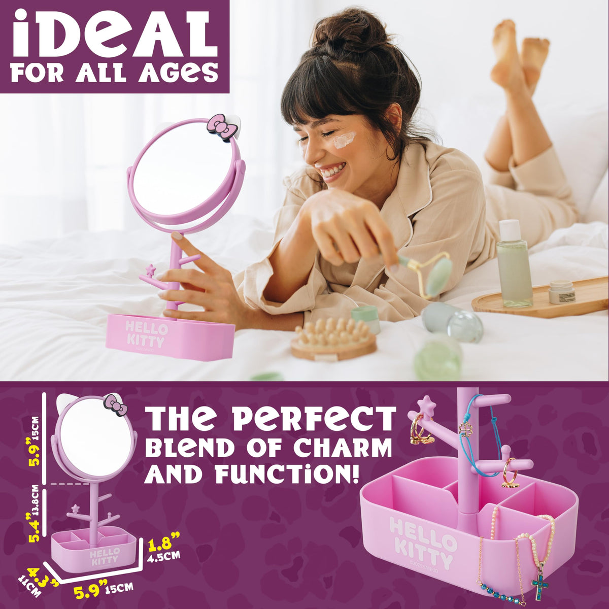 Get Trend Hello Kitty Sanrio Mirror with Jewelry Stand for Girls, Teens, Kawaii Makeup Mirror, Jewelry Holder, Bracelet Holder, Gifts for Girls (Pink Hello Kitty)