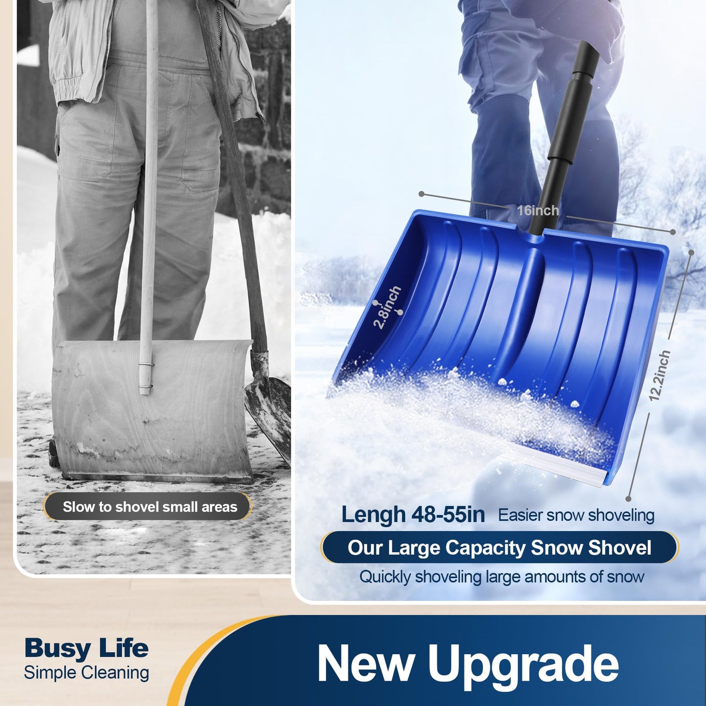 Yocada Snow Shovel for Driveway Home Garage Snow Removal 55 inch Long with D-Grip Handle Aluminum Strip Large Capacity Shovel for Garden Car Camping Outdoor