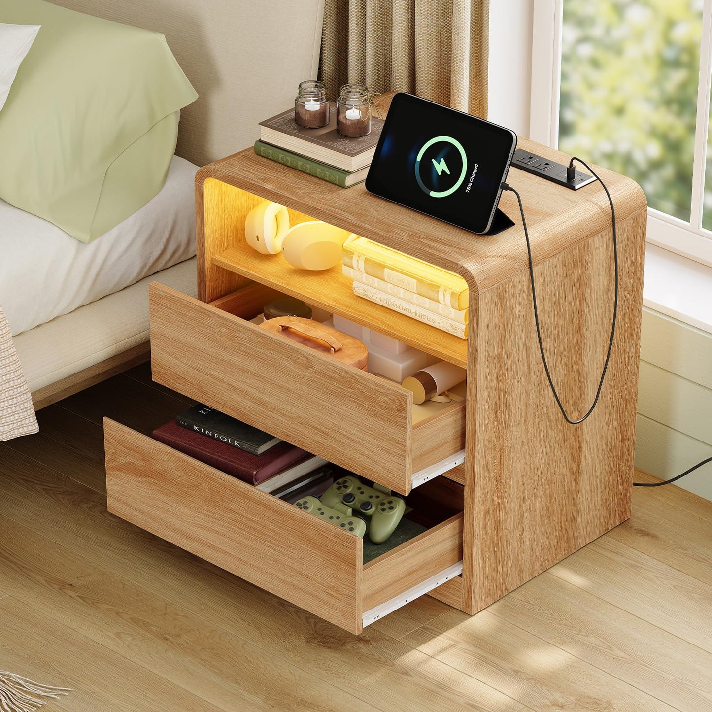 TEENFON Nightstands Set of 2 with Charging Station & LED Lights, Curved Corner Bedside Table 21.7" W, 2 Drawers & Open Shelf, USB-C & USB Ports, Natural, Storage End Table for Bedroom/Living Room