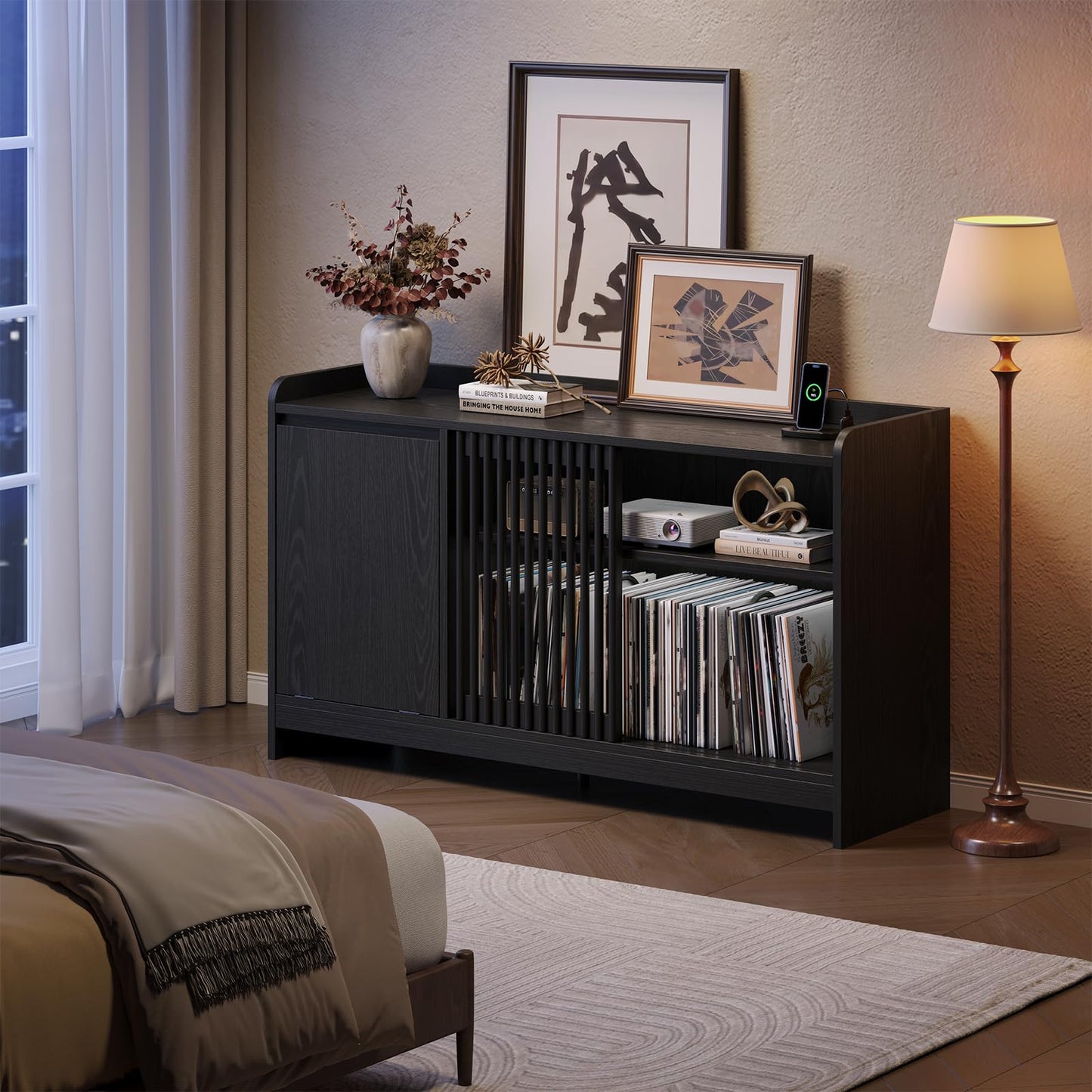 ONBRILL 48" Record Player Stand w/Flip-Out Storage Cabinet, Sliding Door