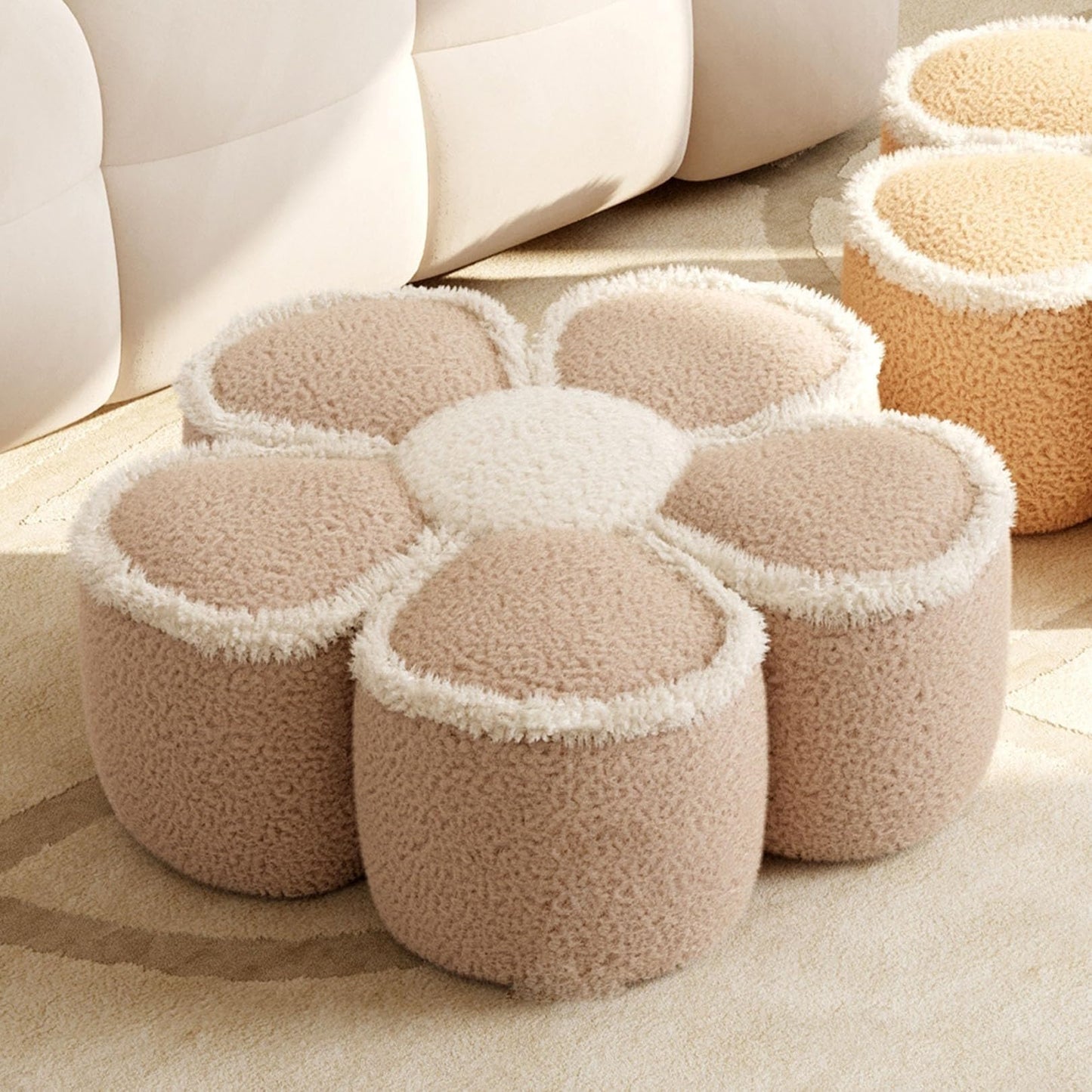 Home Furnishing Pouf Ottoman Lmitation Lamb Wool Stool Ottoman Petal Shape Foot Stool Cushion Floor Poufs Foot Rest for Living Room(Pink)