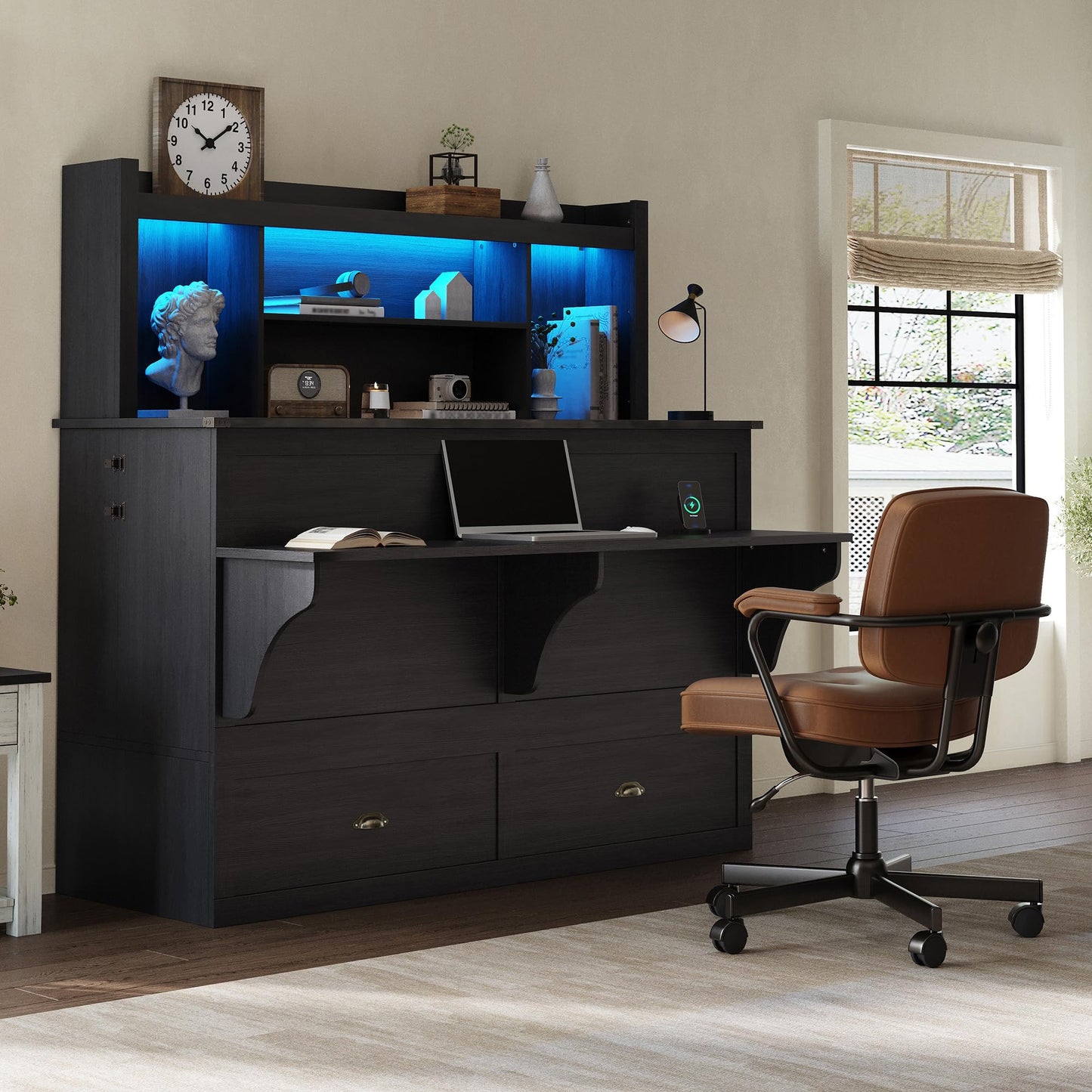 AMERLIFE Full Murphy Bed with Bookcase Headboard & LED Light, Farmhouse Cabinet Bed with Storage Drawer, Charging Station and Desk for Home Office/Guest Room/Small Spaces, Black