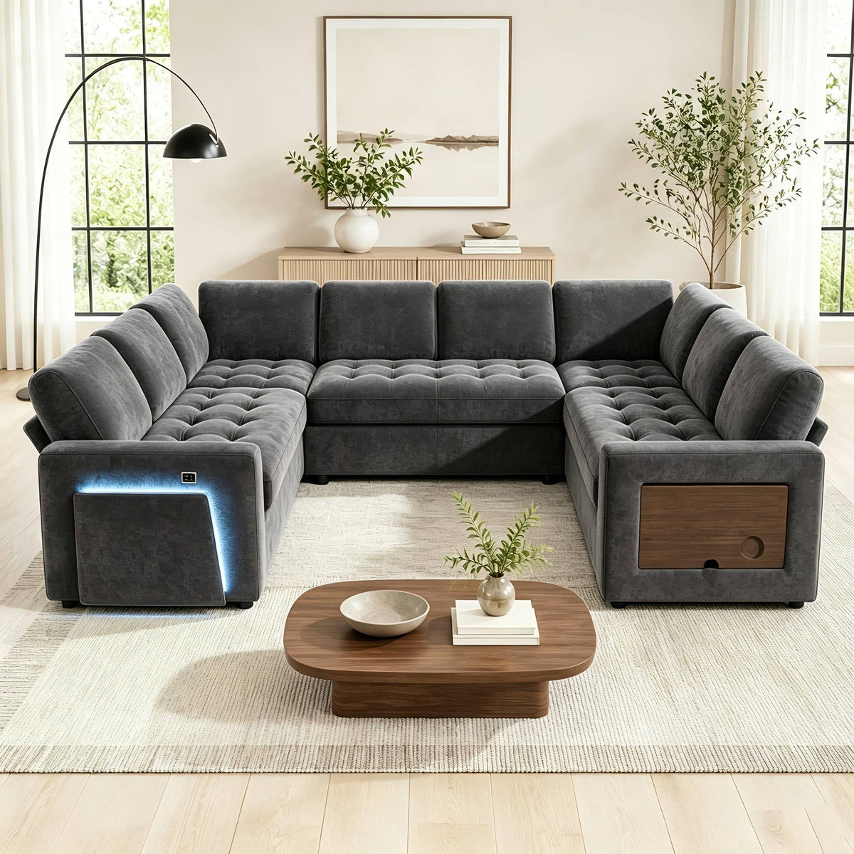 Sunny Heart 8 Seat U Shaped Sectional Sleeper Sofa Bed with Pull Out Bed, Chenille Sectional Sleeper Couch with Adjustable Backrest, USB Ports, LED, Side Table, Tool-Free Assembly,Gray