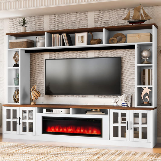 TUNGTAR Entertainment Center with Electric Fireplace, Solid Wood, Modern Farmhouse, for TVs up to 80", Glass Cabinet Doors, Adjustable Shelves, 95.5" W (White + Walnut)