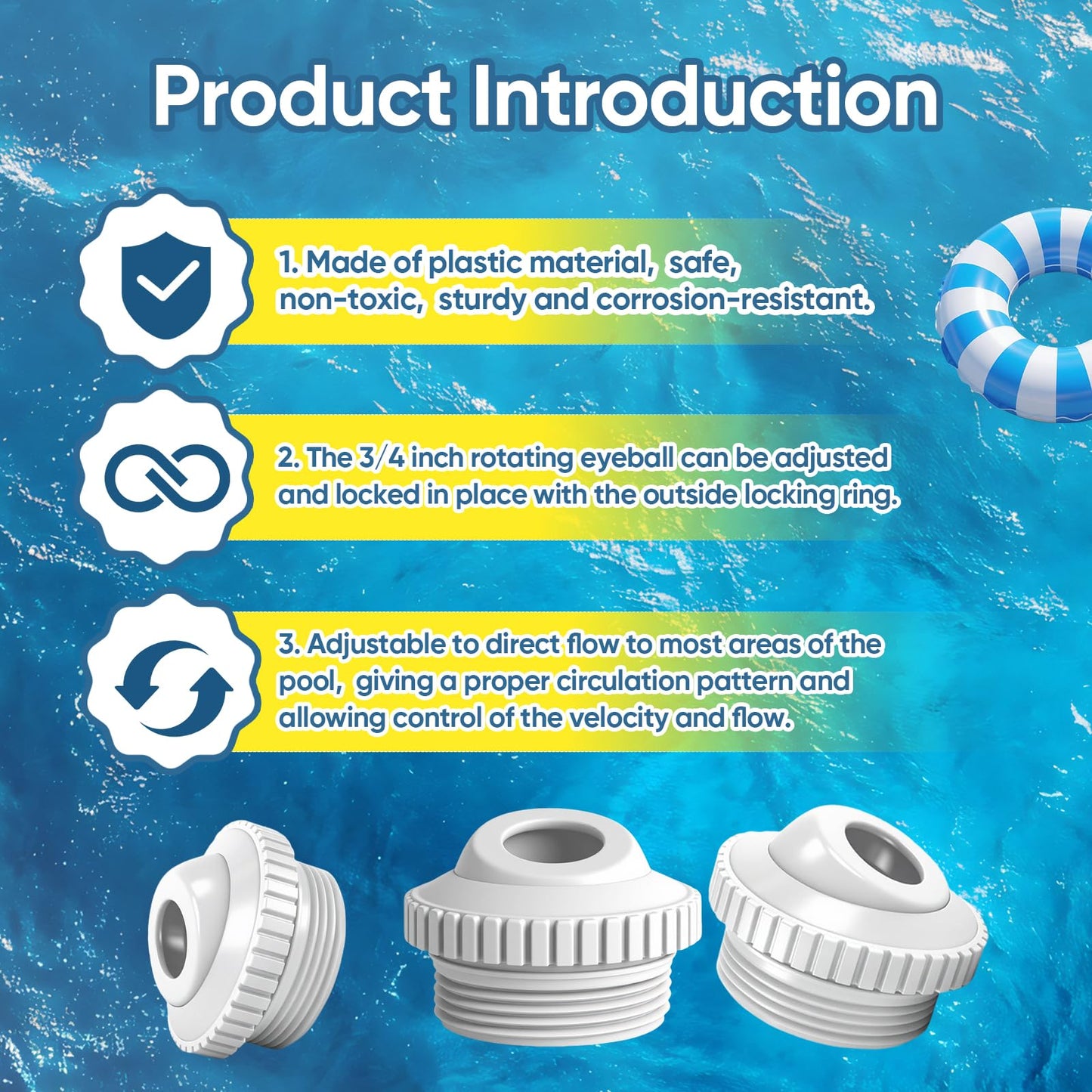 Qryuvfek 2 PCS Pool Directional Jet Nozzles, 3/4 Inch Adjustable Flow Eyeball Inlet Jet, Spa and Pool Return Jet Fittings, Compatible with 1-1/2 Inch MIP Thread, Pool Cleaning Accessories