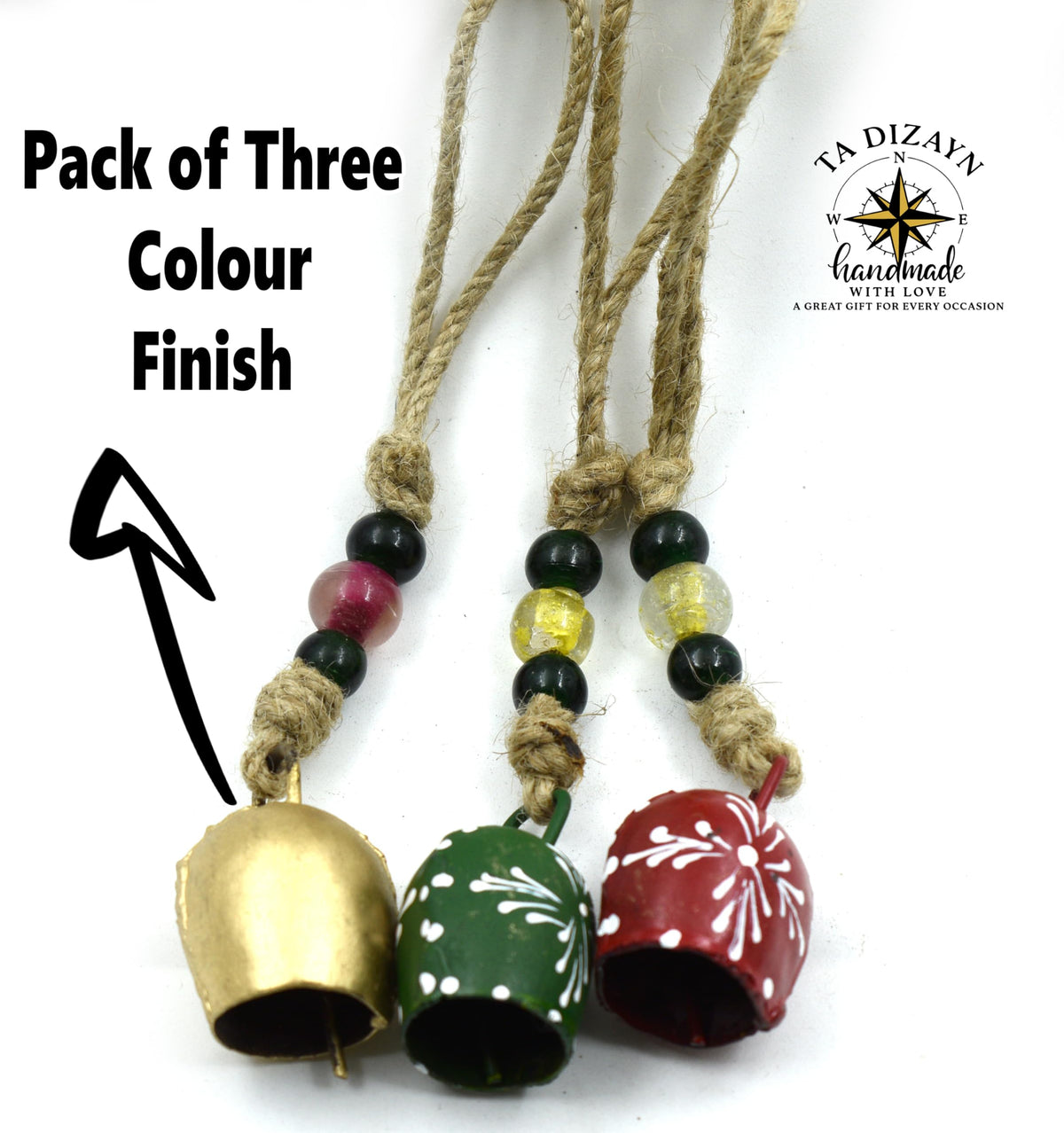 TA DIZAYN Handmade Decorative Bells, Gold Finish, Jute Rope, Rustic Style, Wall Hanging Decor, Door Knob, Wiccan Gifts for Home Wall Door (Beaded String Decorative Bells)