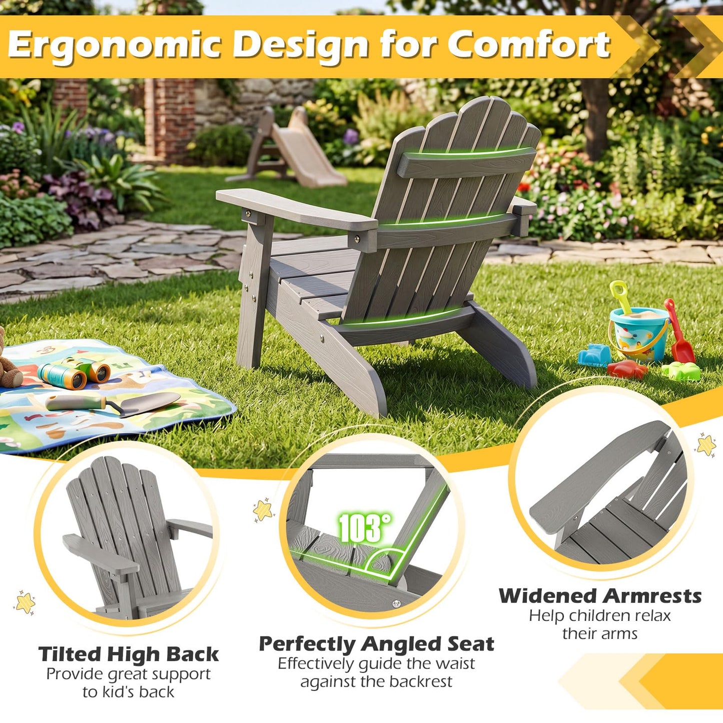 Costzon Kids Adirondack Chair, All-Weather HIPS Toddler Outdoor Chair, Wooden Textured Plastic Fire Pit Chair, Kids Patio Chair for Backyard Lawn Garden, Fits Children Age 3-7 Years (1, Gray)