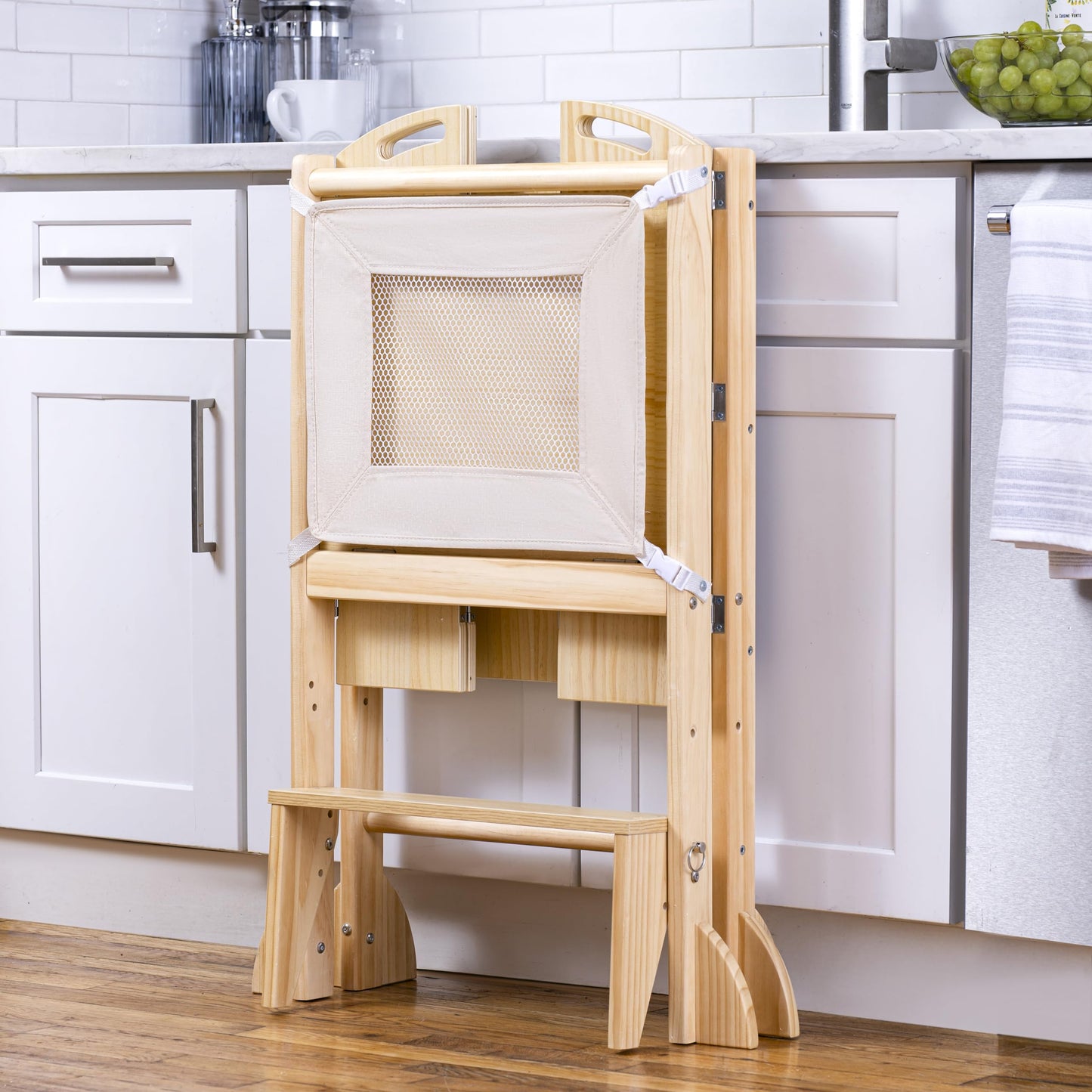 Avenlur Plum - 3 in 1 Foldable Kitchen Tower - Step Stool for Toddlers - Ideal for Kitchen, Living Room, Playroom, and More - with Integrated Chalkboard - Children Kitchen Stool, Natural