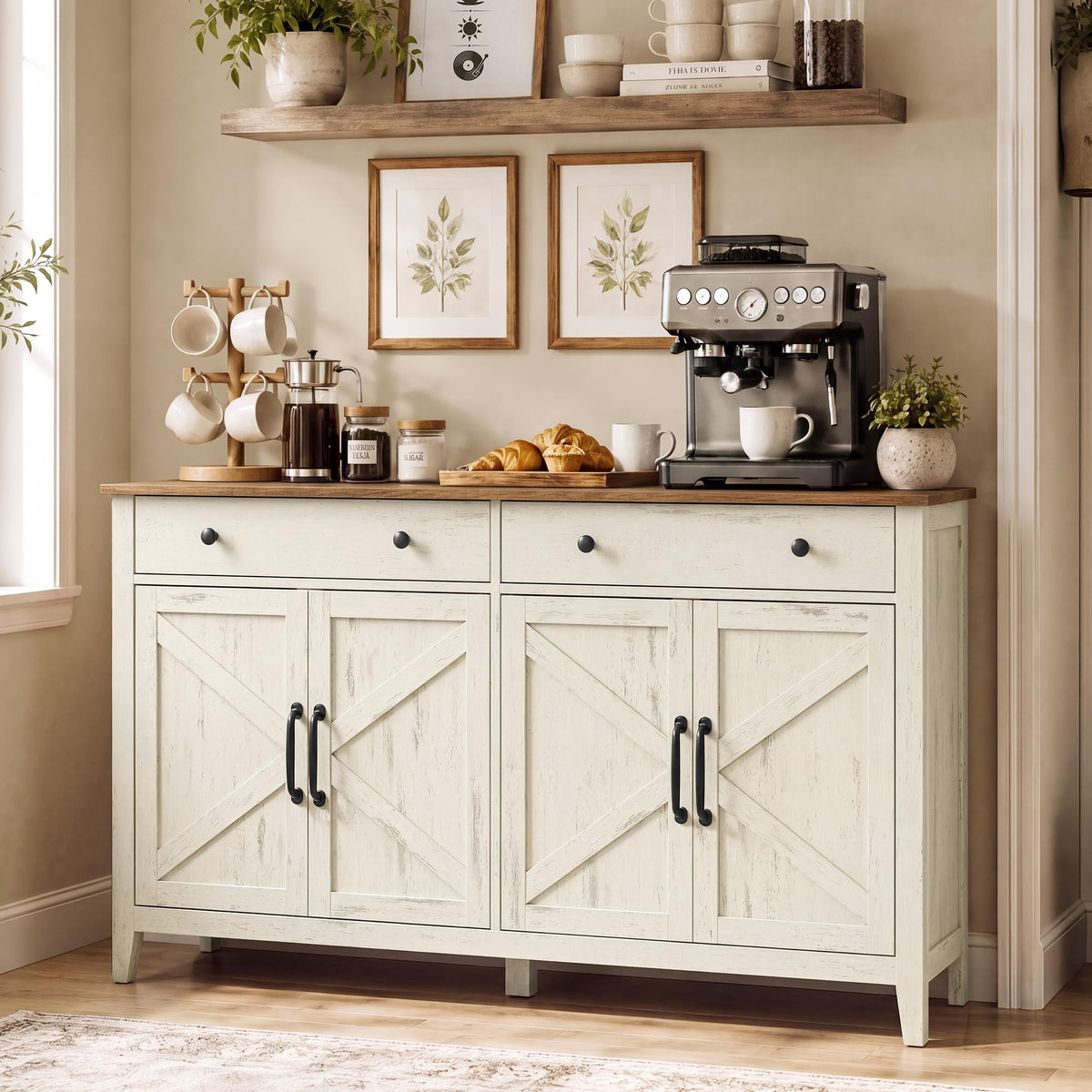 VASAGLE Farmhouse Buffet Cabinet, Coffee Bar with 2 Drawers