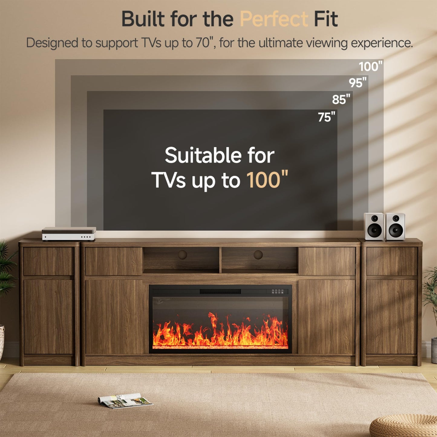100”Fireplace TV Stand w/Drawer,Fluted Entertainment Center,36" Fireplace w/LED Flame,Fits TVs Up to 100",Modern Media Console with Storage Cabinet & Adjustable Shelves,Living Room,Walnut