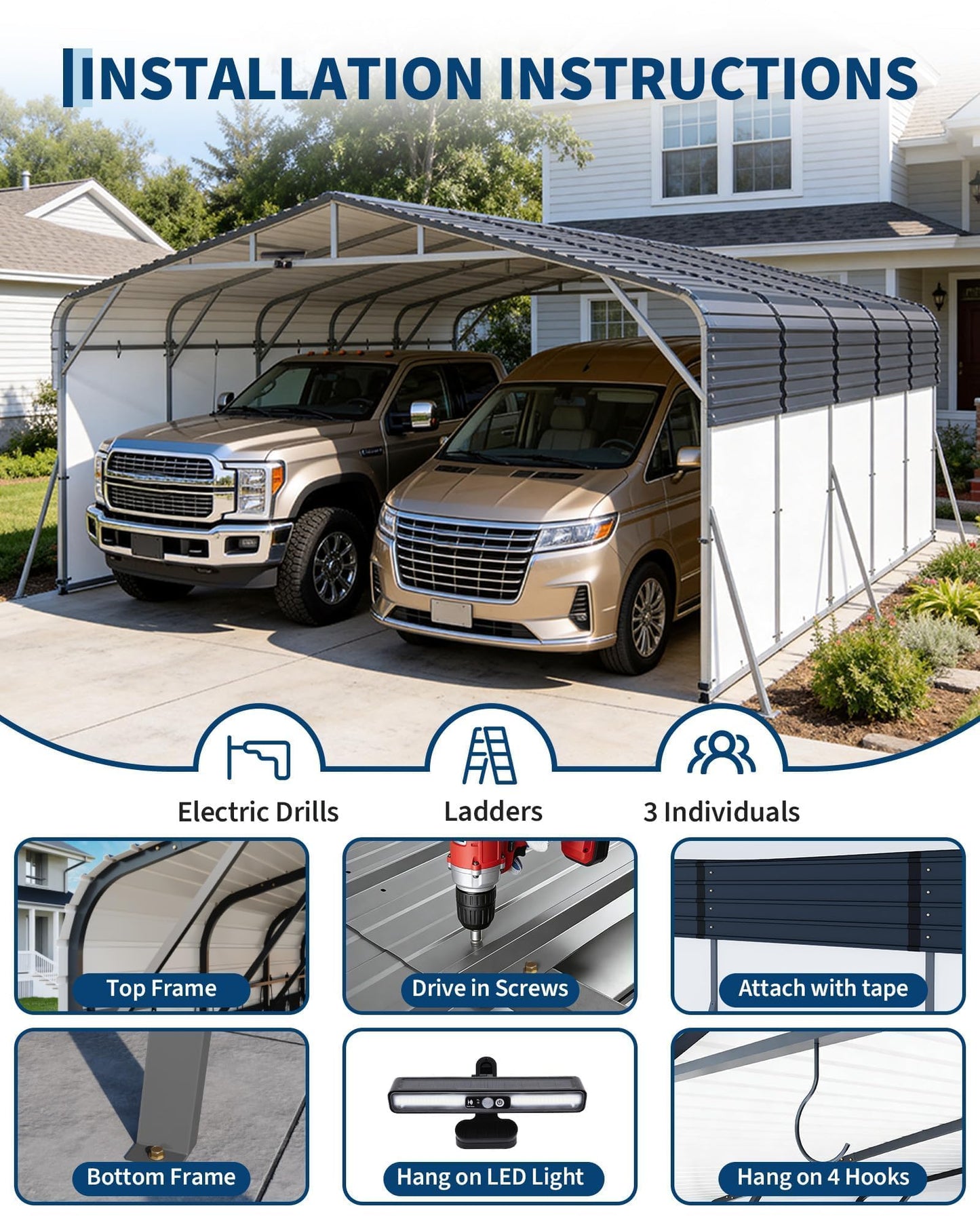 Garvee 20x25ft Heavy Duty Metal Carport, 2-Car Carport Kit with Solar Lights and Removable PE Sidewalls, RV Boat Trailer Steel Garage Shelter