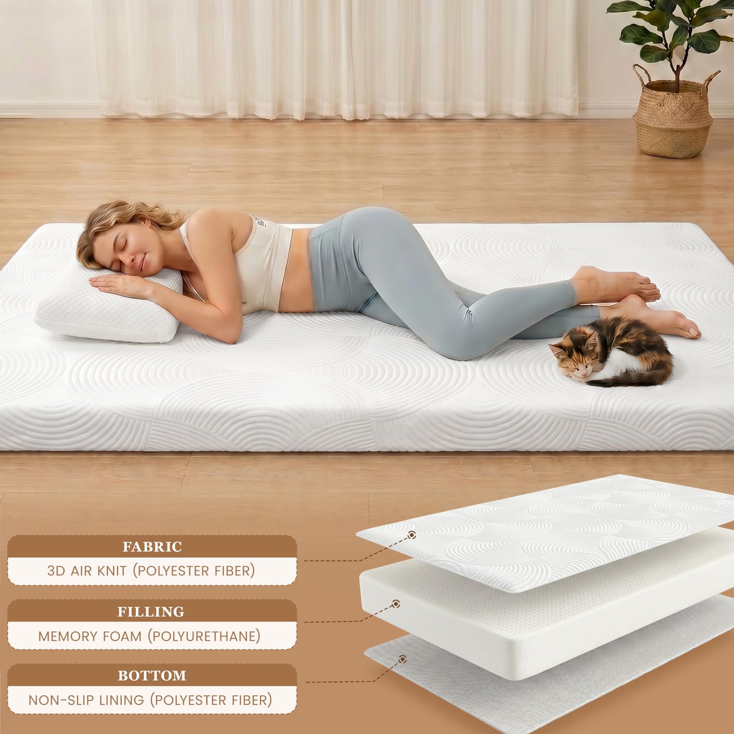 Castage Japanese Floor Mattress, 3.5" Thicken Futon Mattress Tatami Mat with Non-Slip Bottom,Removable Washable Cover,Foldable Mattress Tatami Mat Sleeping Pad，White Geometric，Twin（80‘’x36‘’）