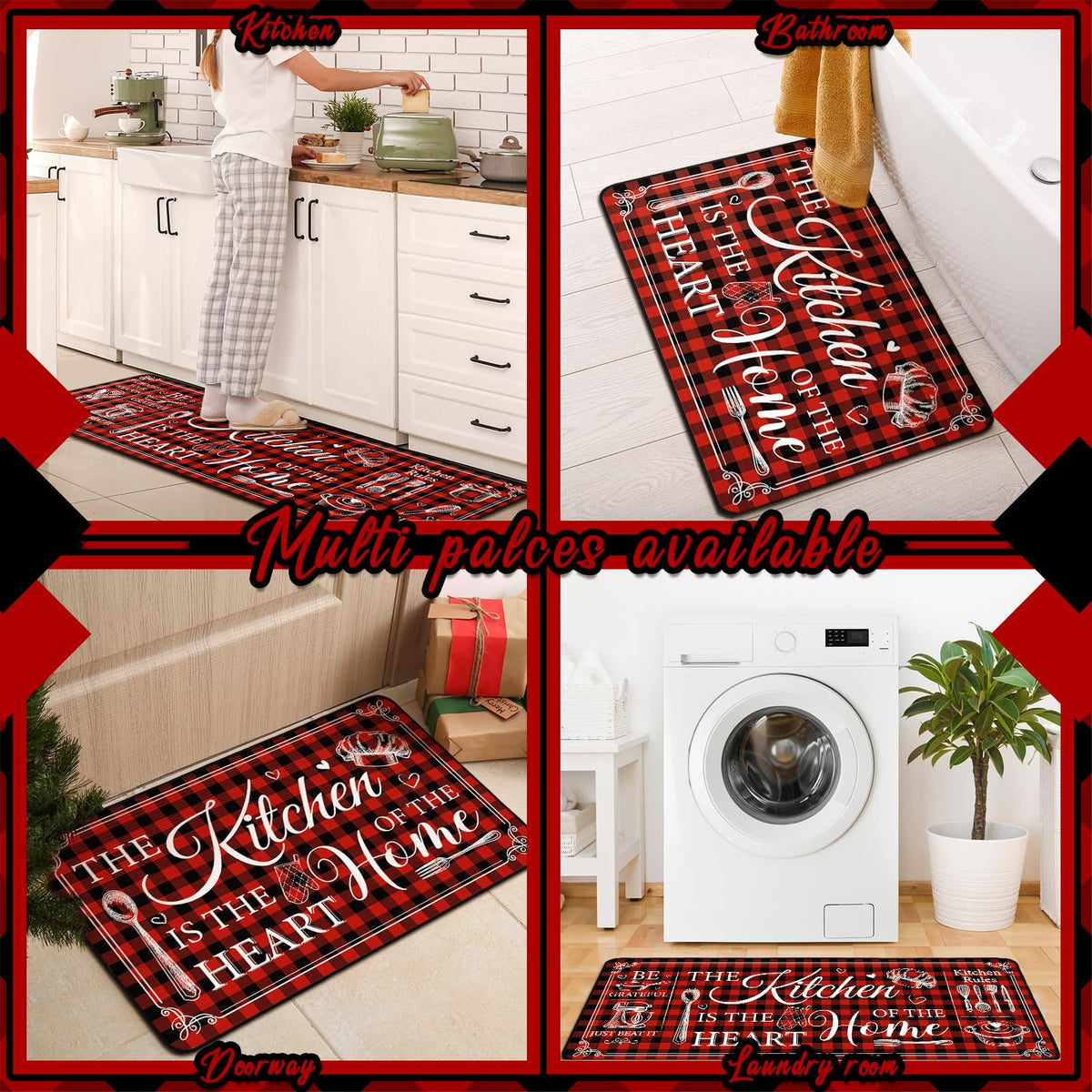 Bencailor 3 Pcs Farmhouse Kitchen Rugs Set Red Non Slip Kitchen Mats