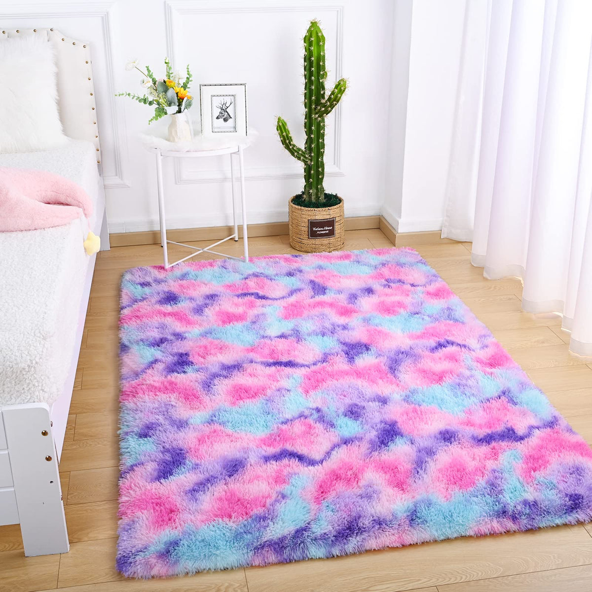 AROGAN Soft Rainbow Area Rug, Fluffy Hot Pink Girls Rug, 3x5 Feet