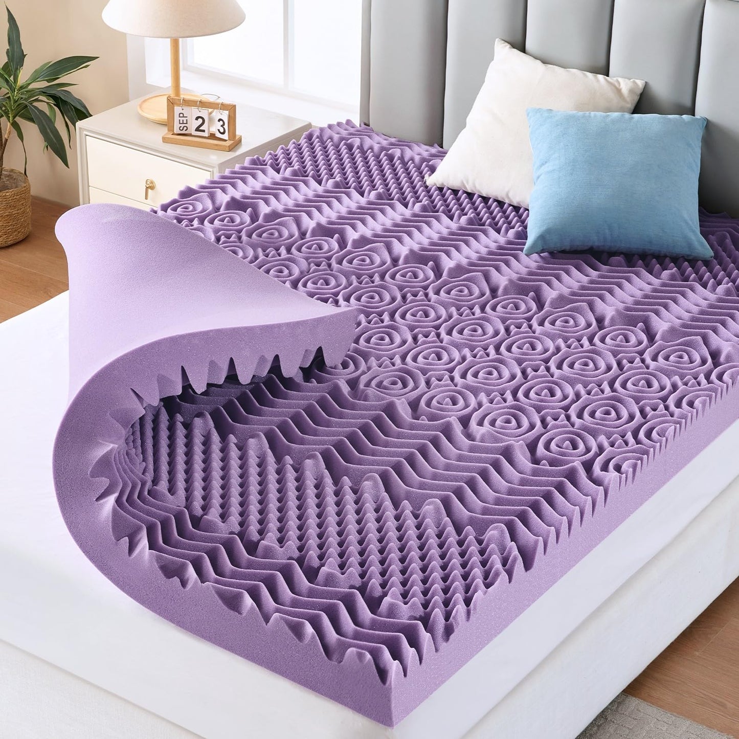 MUXHOMO 3 Inch Full Size Mattress Topper, 7-Zone Cooling Gel Infused Mattress Topper, Egg Crate Memory Foam Bed Pad, CertiPUR-US and Oeko-TEX Certification (54"×75", Lavender)