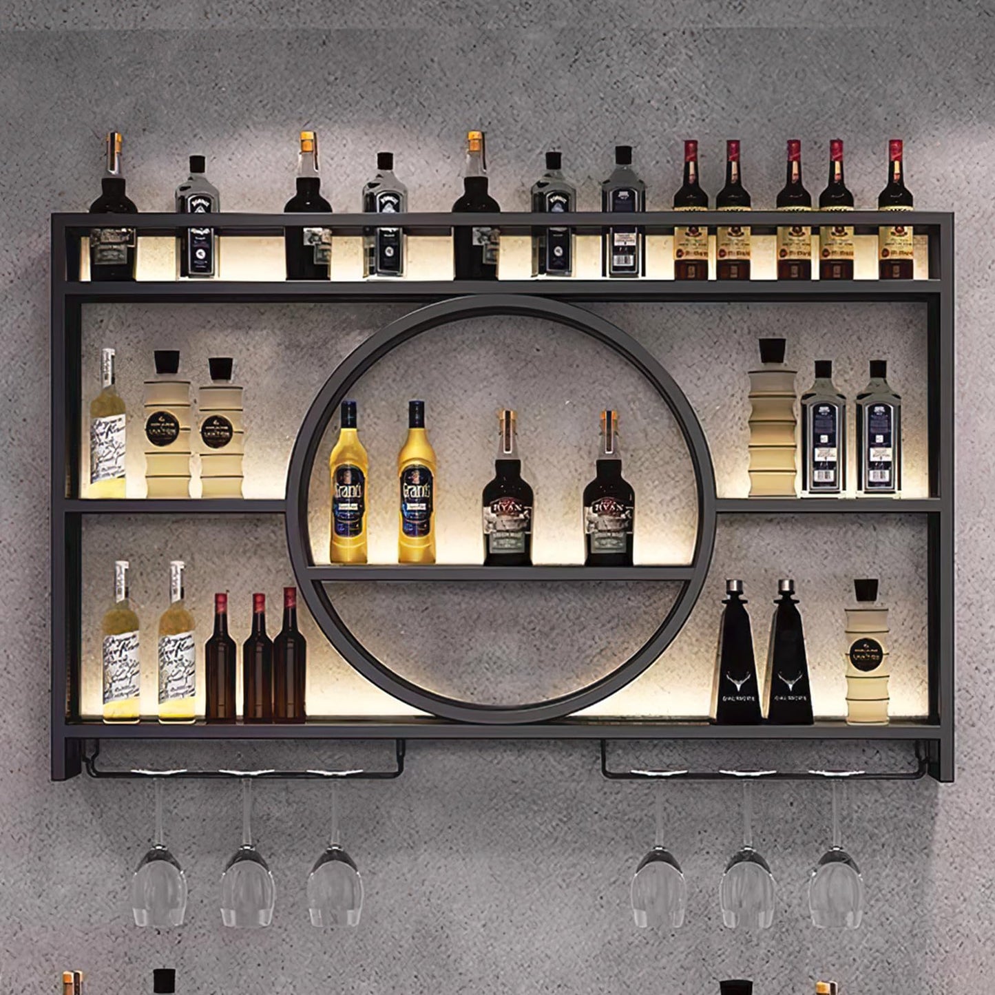 TONGBOSHI Metal Wine Rack Wall Mounted with LED Light, Modern 3-Tier Glass Holder and Stemware Shelves for Kitchen, Bar, Dining Room (Black, 100cm/39.4in)