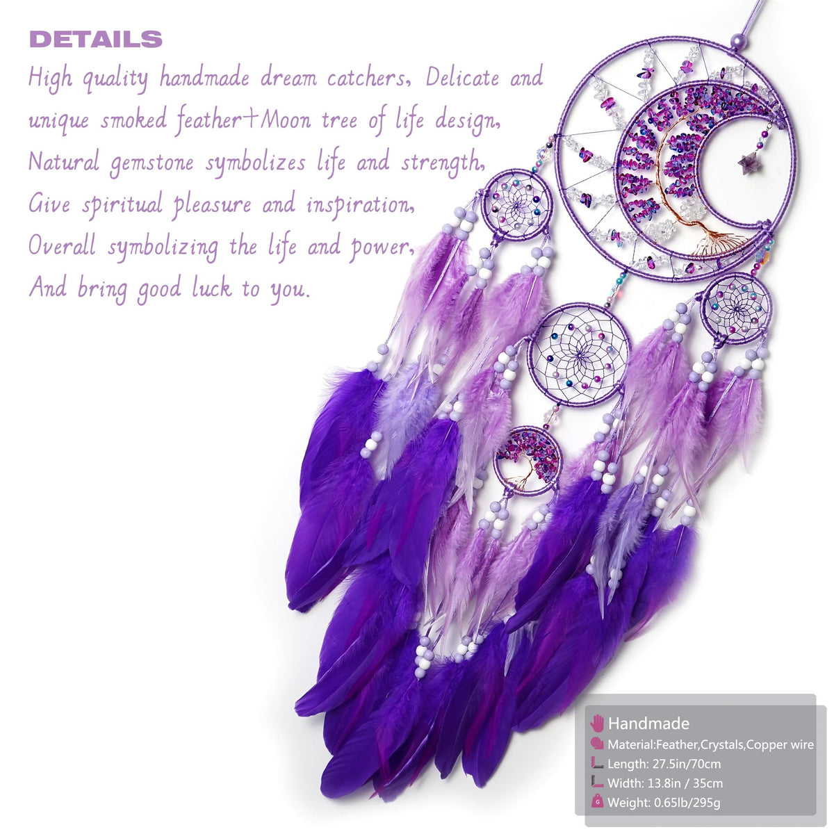 Large Dream Catchers, Handmade Woven Moon Healing Crystal Stone Dream Catcher Wall Hanging Ornament for Bedroom Living Room Wedding Party Decor, Festival Blessing Craft Gift (Purple Moon)