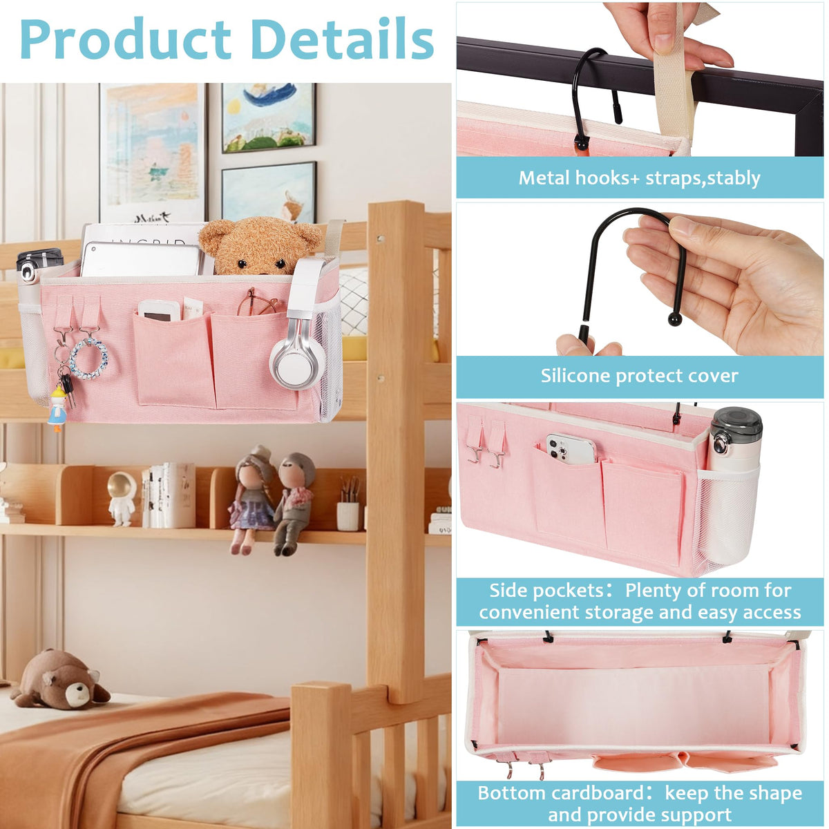 Bedside Caddy, Bedside Storage Bag Hanging Organizer for Bunk Dorm Bed Rail