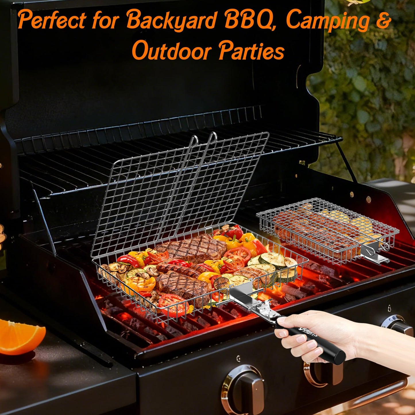 Grill Baskets for Outdoor Grill, 2PCS BBQ Grilling Basket with Removable Wooden Handle, Stainless Steel Camping Cooking Grill Accessories for Meat Fish Vegetable Seafood, Gifts for Men Dad Husband (Silver)