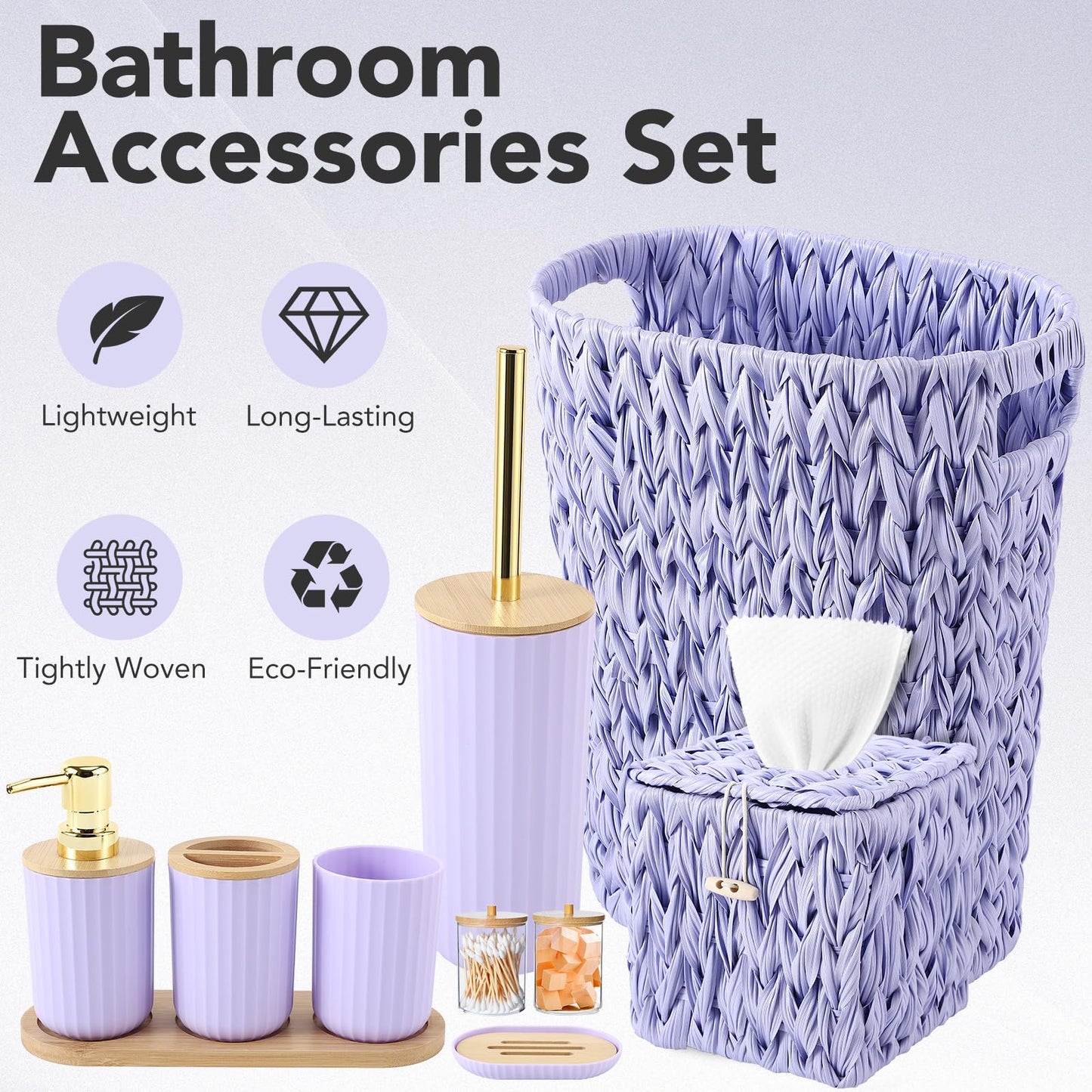 Bathroom Accessory Set, 10 Pieces Bath Set Purple 4 Gallon Wicker Trash Can