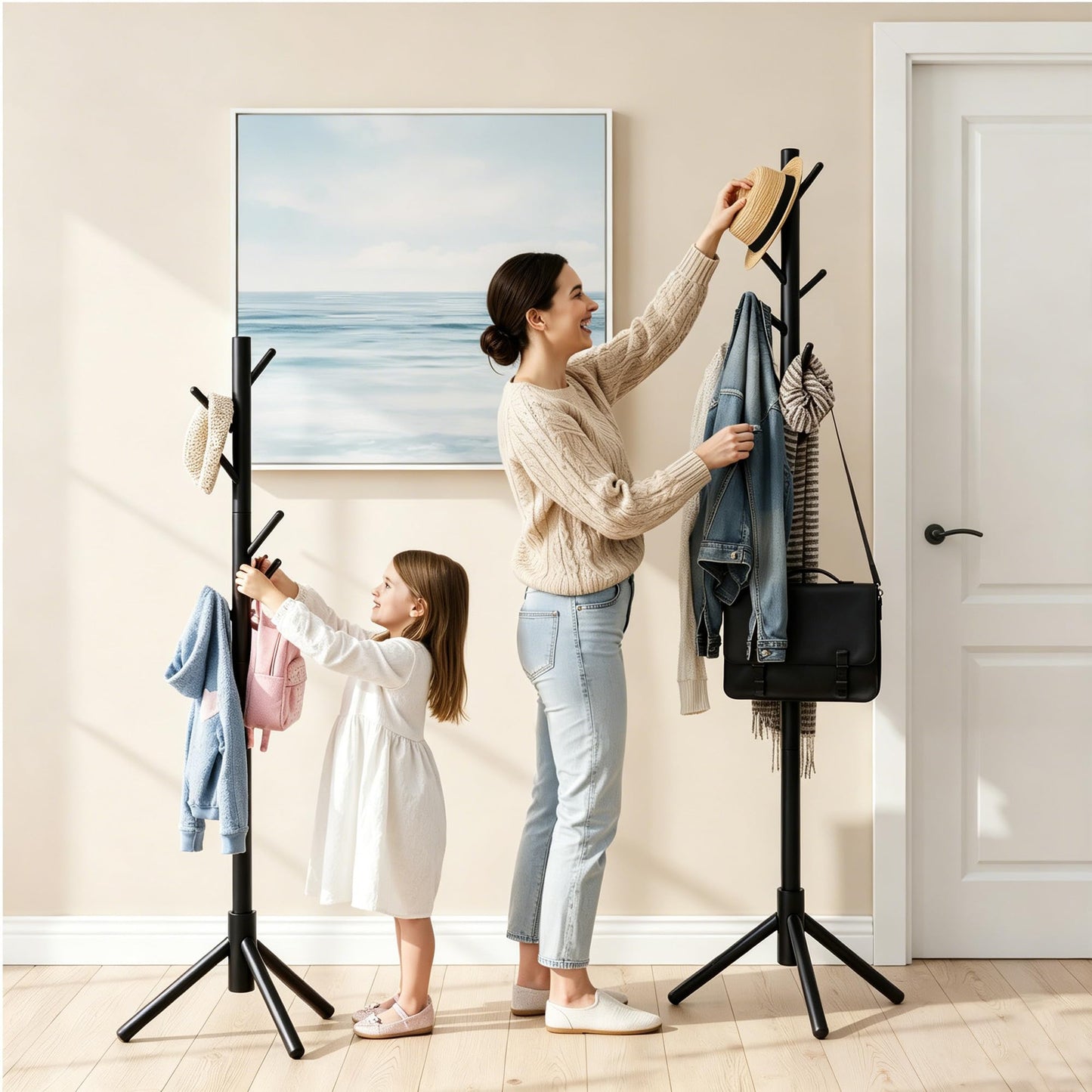 Freyawin Wooden Coat Rack Freestanding with 8 Hooks & 3 Adjustable Sizes for Clothes, Space-Saving Design for Bedroom Office Entrance Holds Hats Coats Scarves Bags