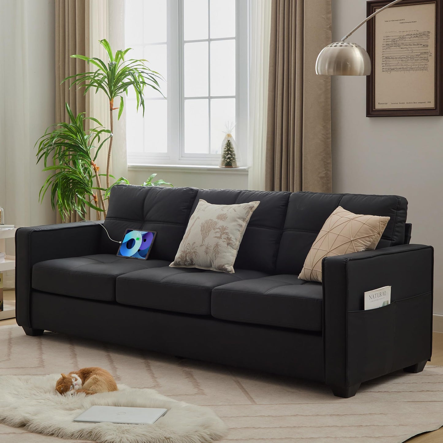 TYBOATLE 88" W Faux Leather Couches w/USB, Tufted Mid-Century Modern Comfy Black Leather Couch w/Side Pockets and Wider Arms for Living Room, 3 Seater Leathe Sofa for Office, Apartment, Bedroom