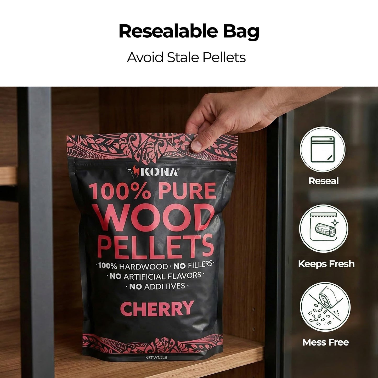 Kona 100% Cherry Smoker Pellets, Intended for Ninja Woodfire Outdoor Grill, 2 lb Resealable Bag