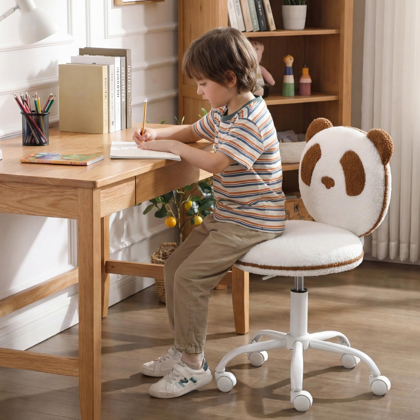 DAYAOUTDOOR Kids Desk Chairs Panda, Desk Chair Comfy for 8-12, Kids Computer Chairs with Wheels, Kid Furniture for Bedroom, Cute Fluffy Office Chairs, Adjustable Ergonomic Study Chair, Brown