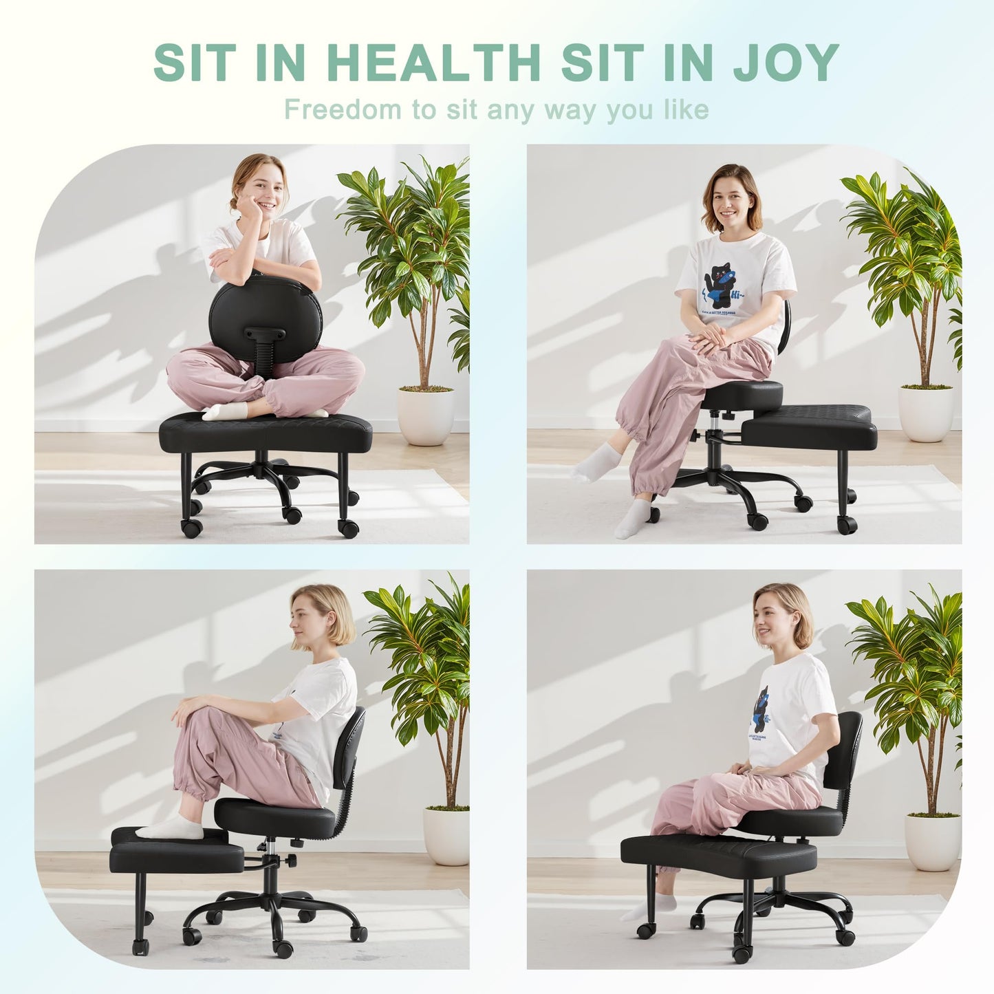 GUNJI Ergonomic Criss Cross Legged Office Chair, 360° Swivel Meditation Kneeling Chair with Wheels, ADHD Chair with Footrest, Lumbar Support, Wider Height Adjustable Seat (Black, Faux Leather)
