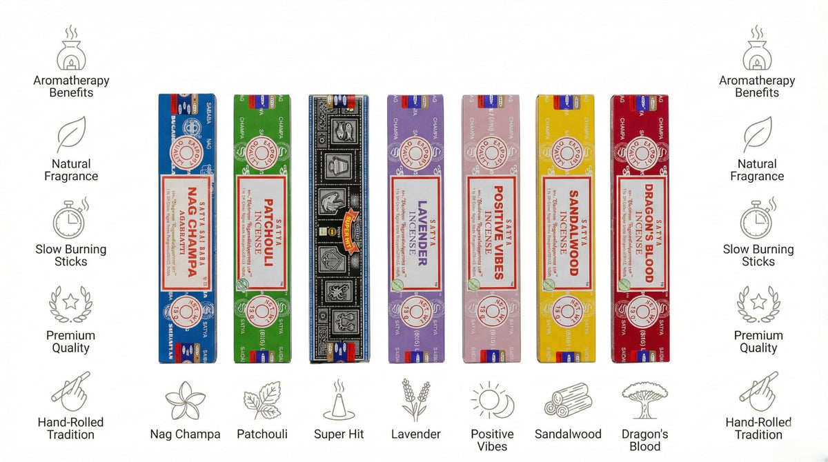 Satya Incense Gift Set Nag Champa, Super hit, Dragon's Blood, Sandalwood, Patchouli, Lavender, Positive Vibes, 15 g