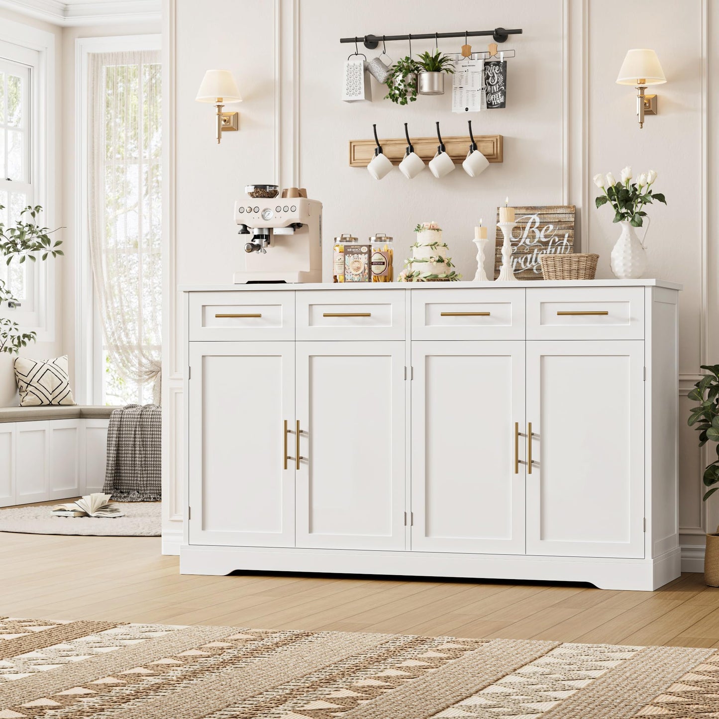 HOSTACK 60" Large Buffet Sideboard with Storage, 36" Tall Kitchen Buffet Storage Cabinet with 4 Drawers, Modern Coffee Bar Cabinet with Gold Handles, Long Sideboard Buffet Table for Kichen, White