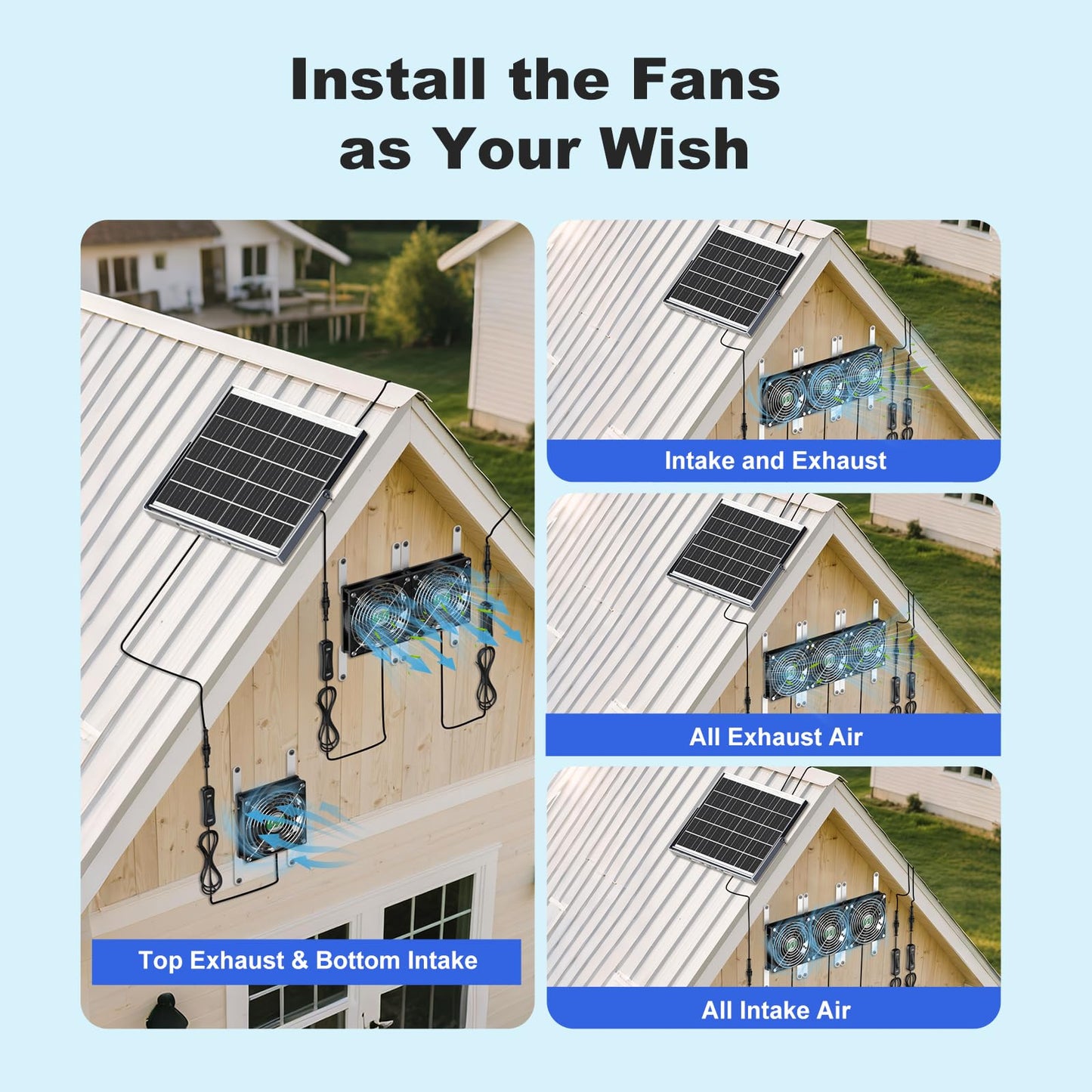 ZIZIWIN Solar Chicken Coop Fan 3 Kit, 25W Solar Powered Greenhouse Fan Outdoor Waterproof, Solar Exhaust & Intake Fans, Strong Airflow for Shed Dog House Circulation Ventilation Cooling, No Battery