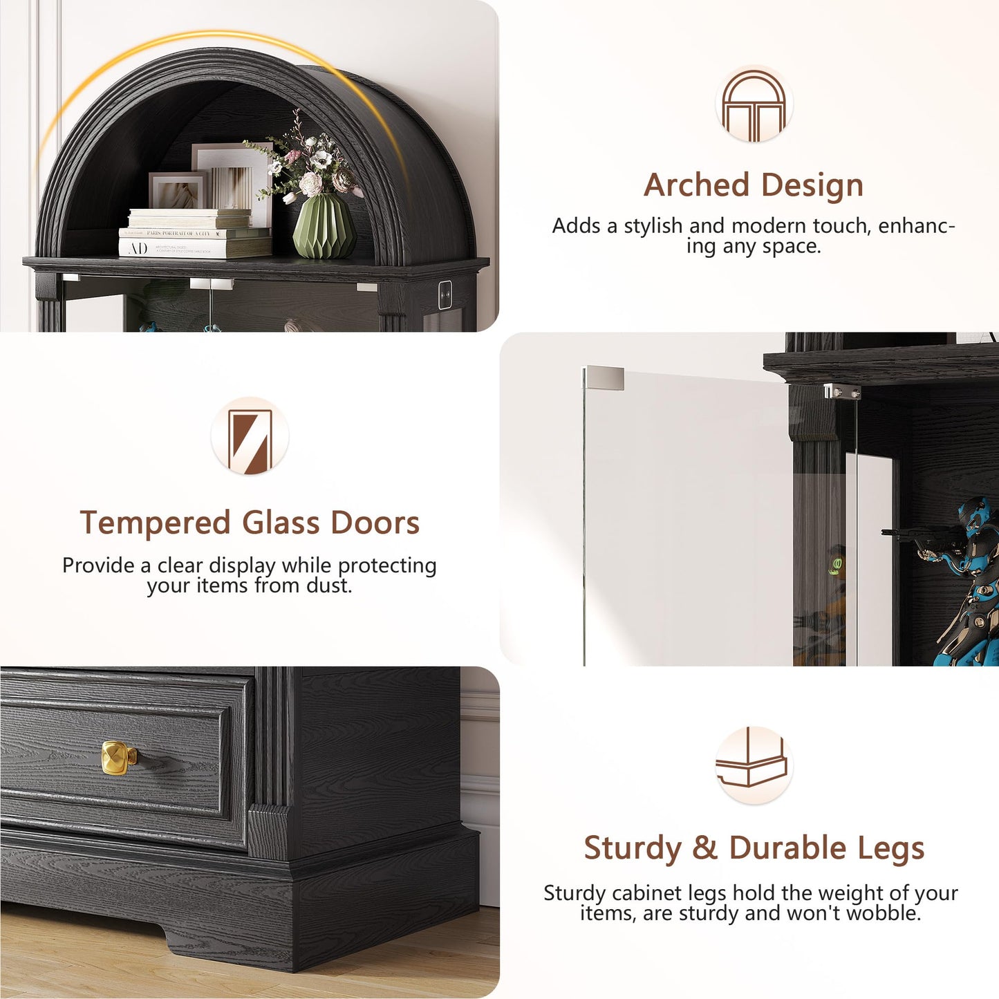 Black Curio Cabinet with Glass Doors, 72" Tall Arched Display Cabinet with Human Sensor Lights, 4-Tier Display Case for Collectibles Bookcase Living Room